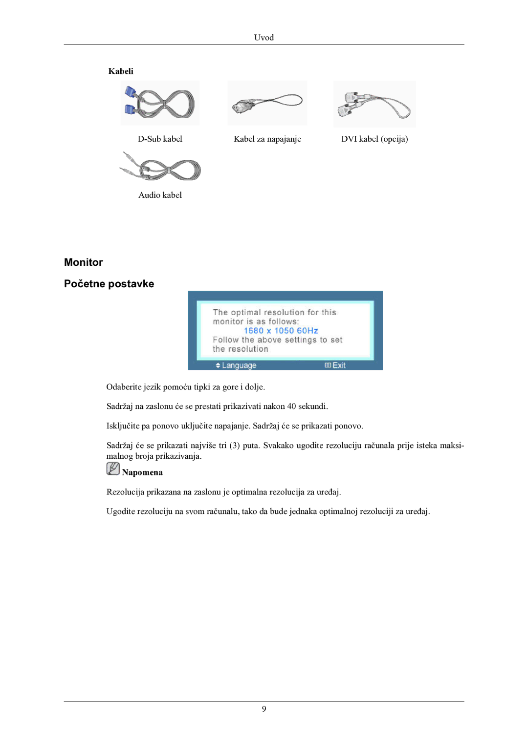 Samsung LS22MYMEBQ/EDC manual Monitor Početne postavke, Kabeli 