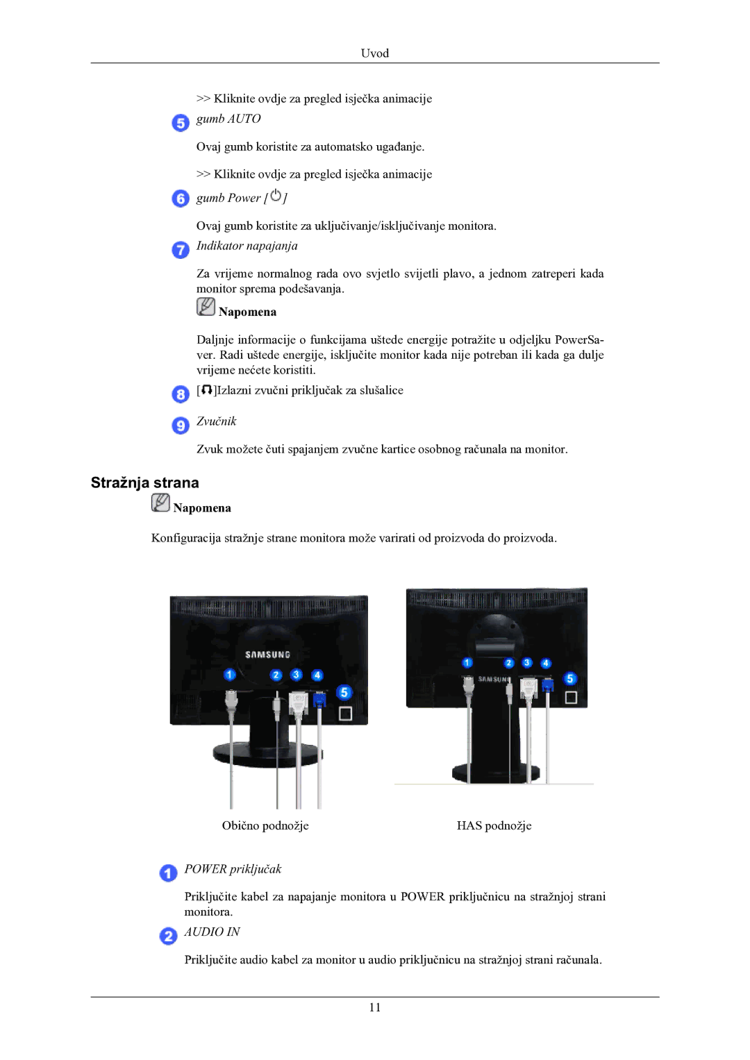 Samsung LS22MYMEBQ/EDC manual Stražnja strana, Indikator napajanja 