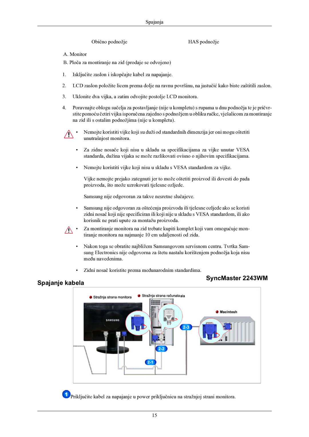 Samsung LS22MYMEBQ/EDC manual Spajanje kabela SyncMaster 2243WM 