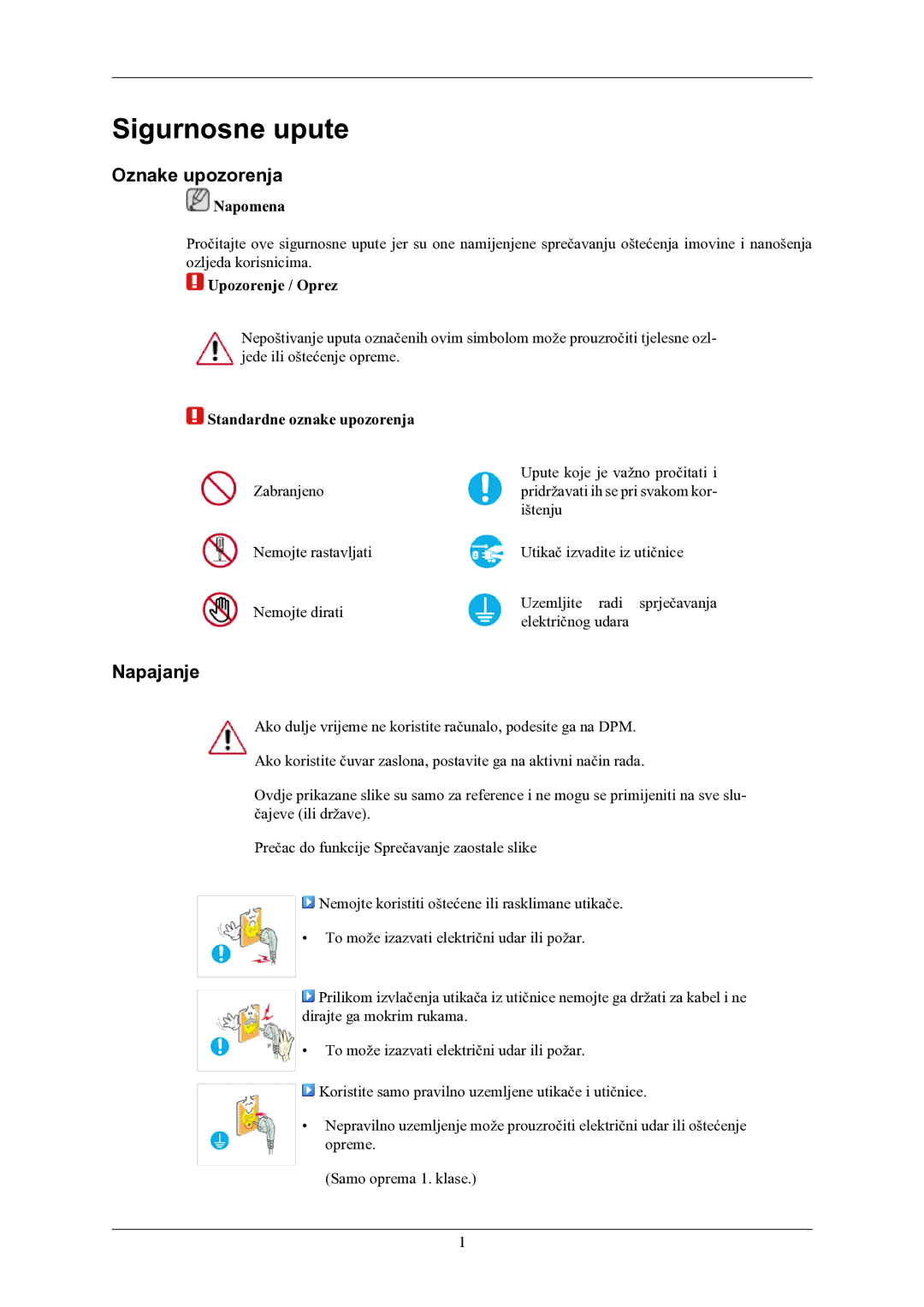 Samsung LS22MYMEBQ/EDC manual Sigurnosne upute, Oznake upozorenja, Napajanje 