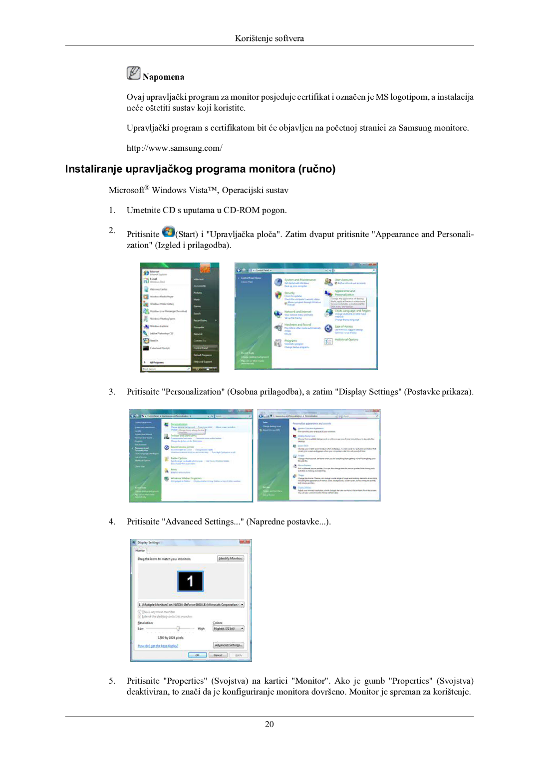 Samsung LS22MYMEBQ/EDC manual Instaliranje upravljačkog programa monitora ručno 