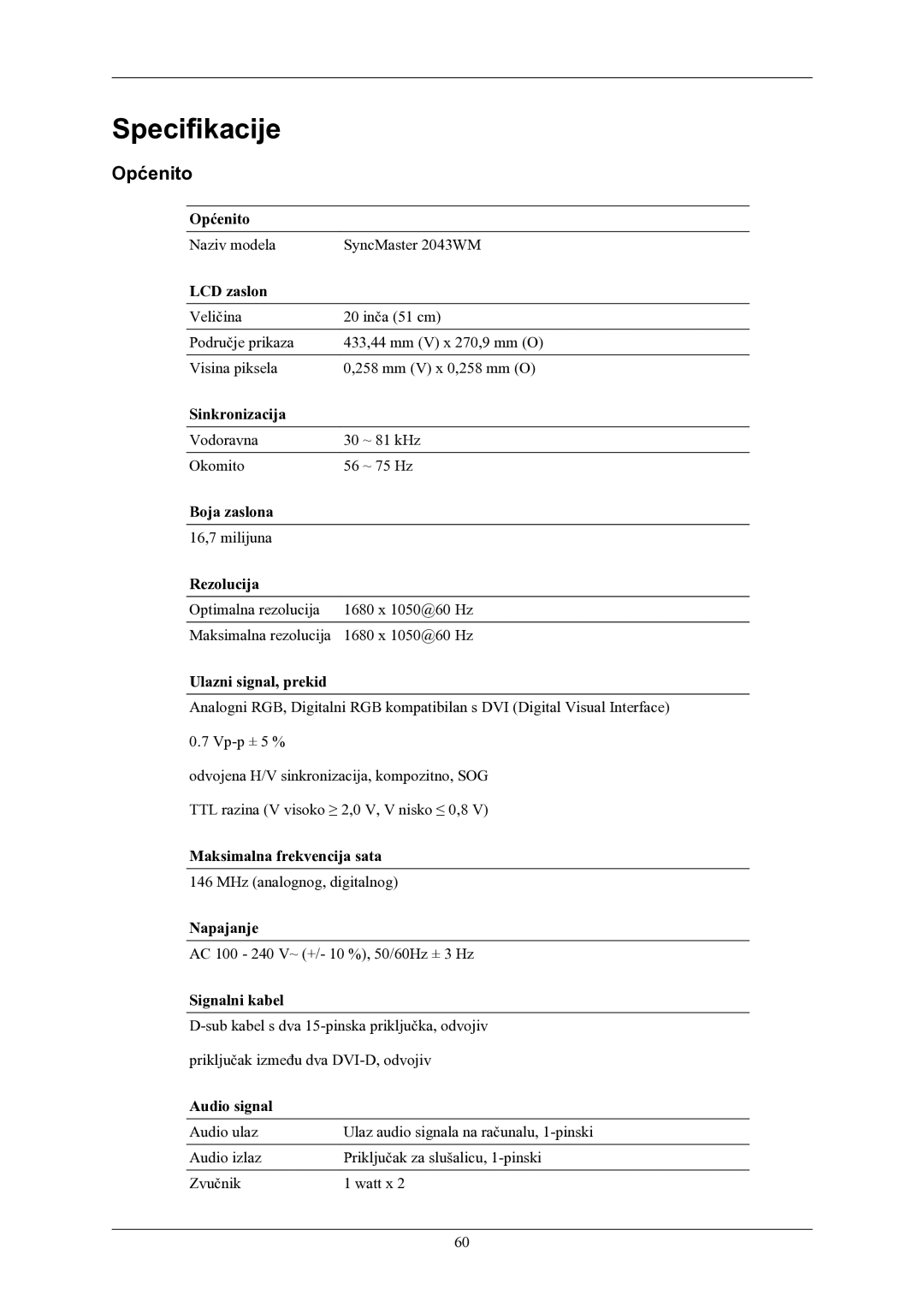 Samsung LS22MYMEBQ/EDC manual Specifikacije, Općenito 