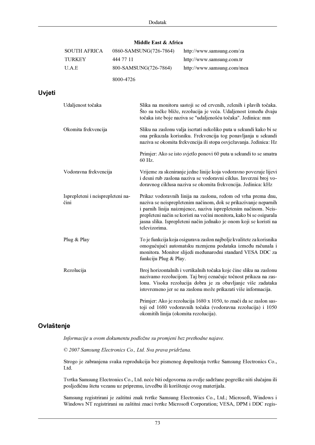 Samsung LS22MYMEBQ/EDC manual Uvjeti, Ovlaštenje, Middle East & Africa 