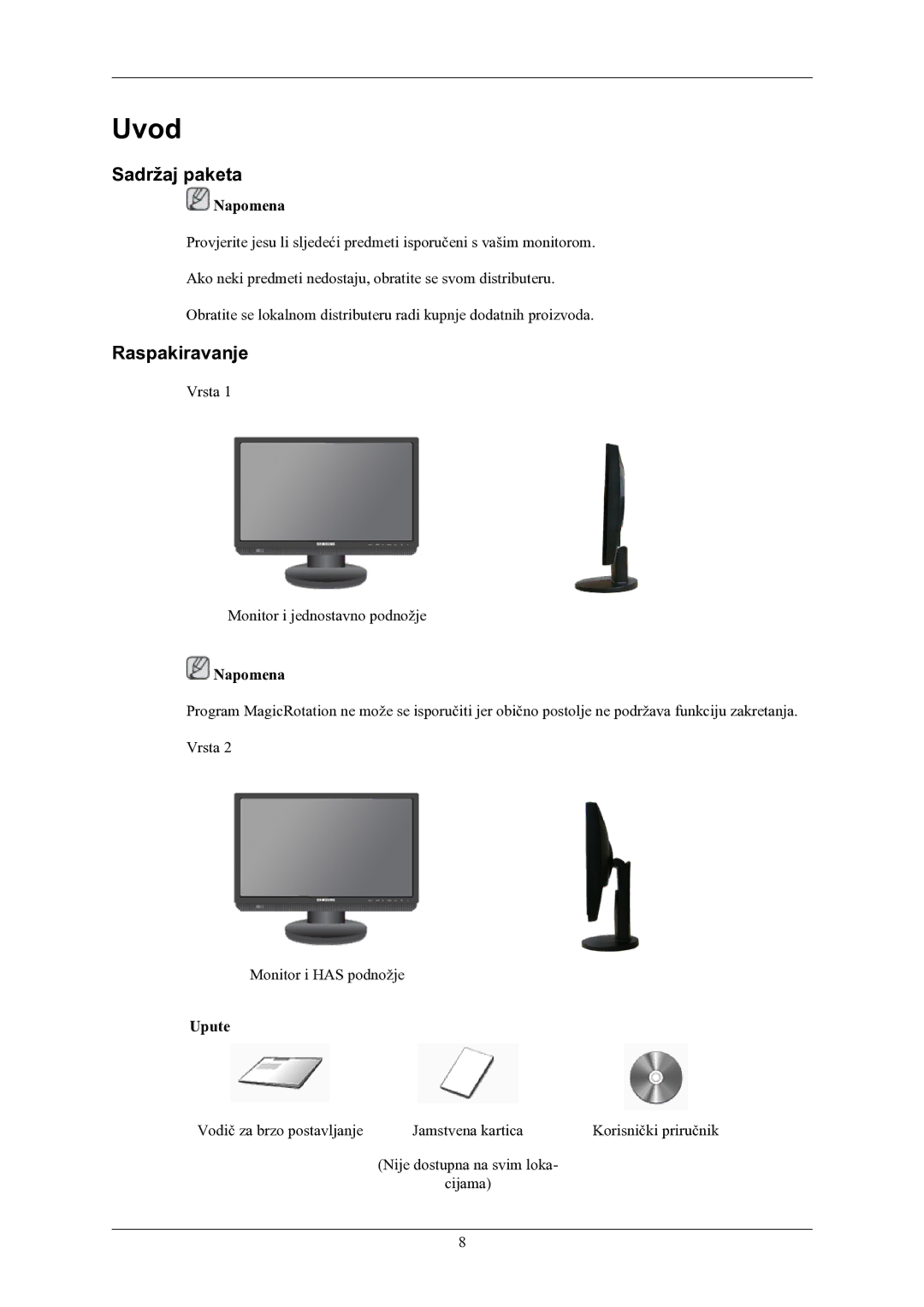 Samsung LS22MYMEBQ/EDC manual Uvod, Sadržaj paketa, Raspakiravanje, Upute 