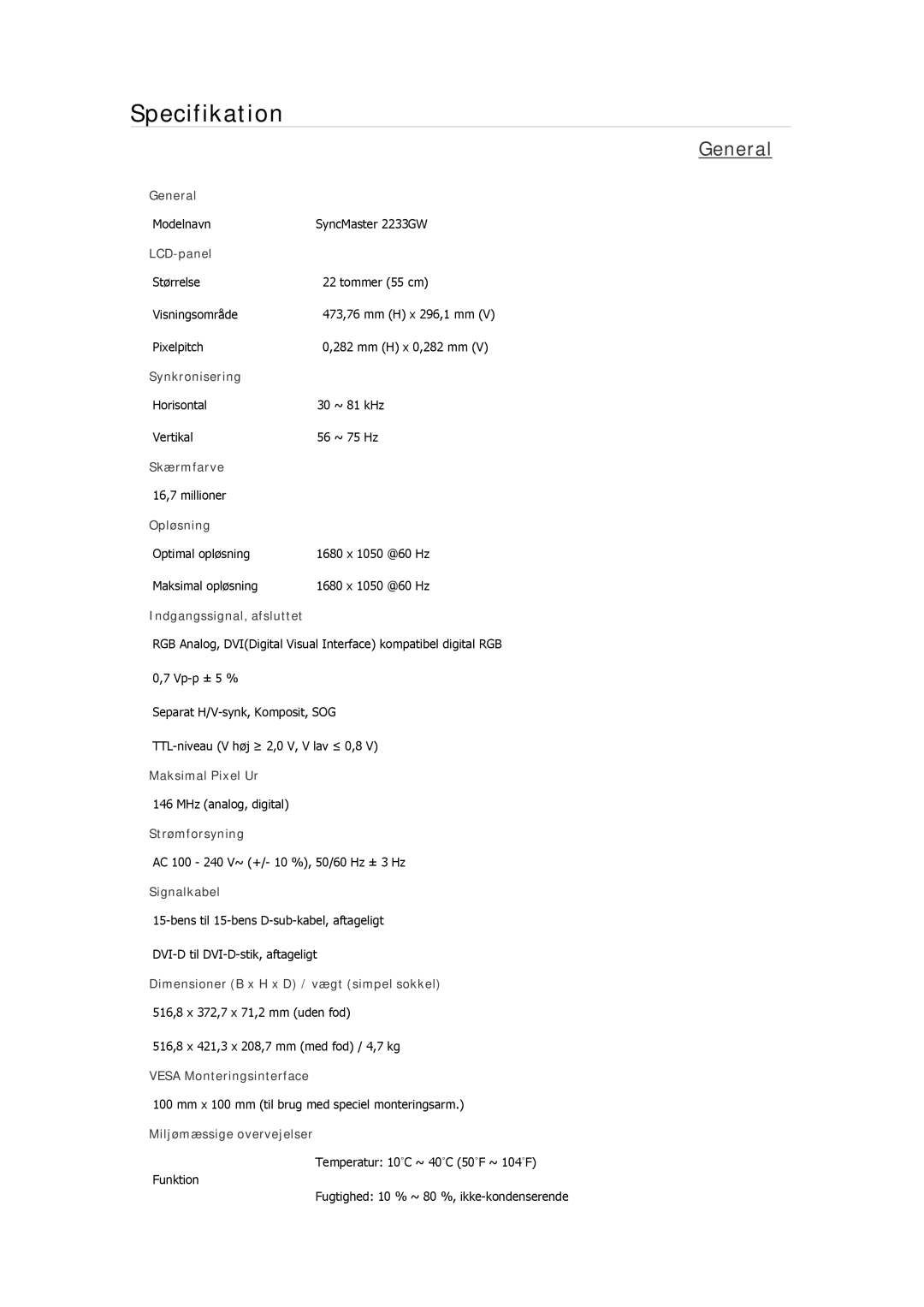 Samsung LS23MYZABCA/EN, LS22MYMESCA/EN, LS22MYDEBCA/EN, LS24MYKDSC/EDC, LS22MYDESC/EDC manual Modelnavn SyncMaster 2233GW 