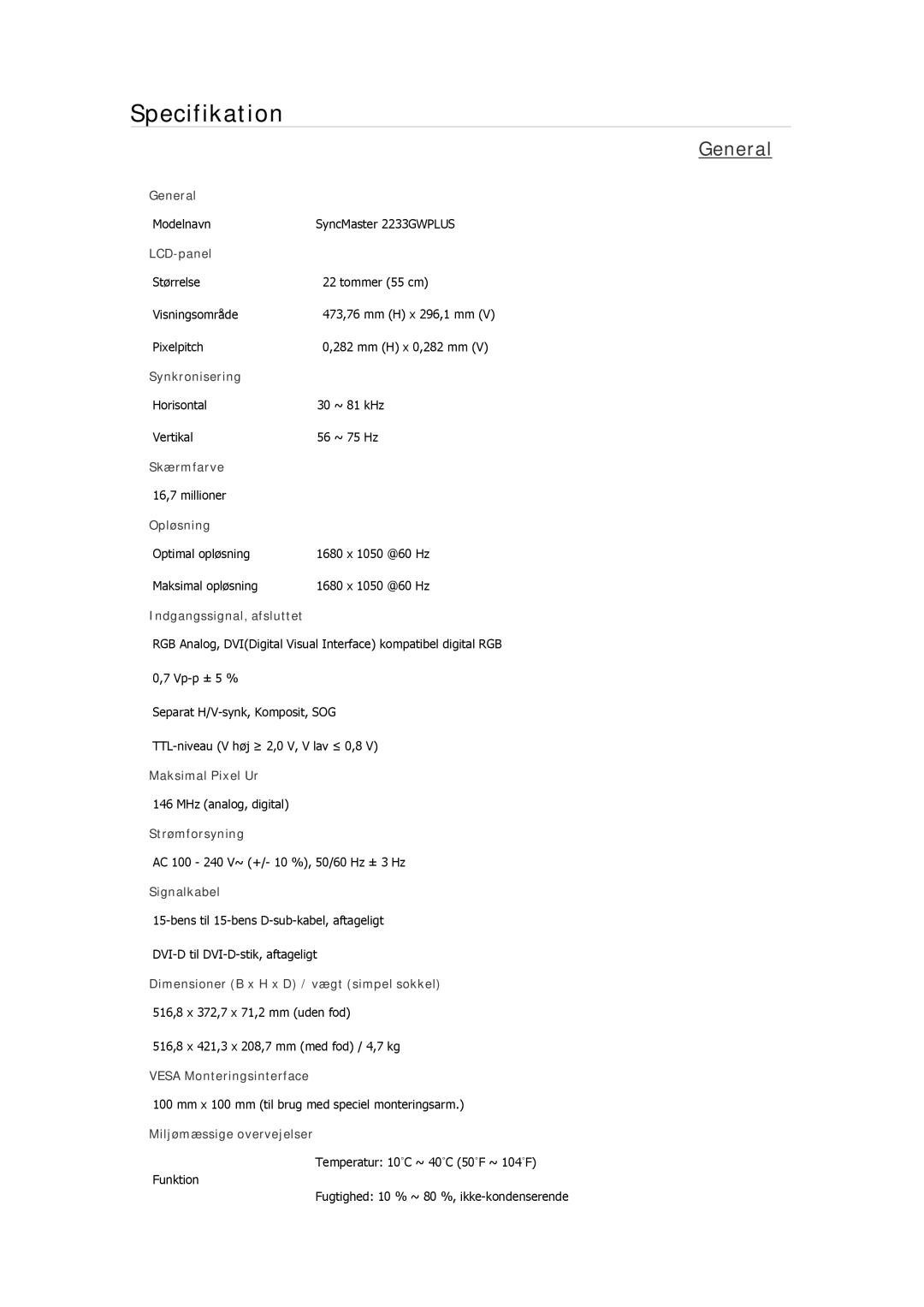 Samsung LS19MYAEBBA/EN, LS22MYMESCA/EN, LS22MYDEBCA/EN, LS24MYKDSC/EDC, LS22MYDESC/EDC manual Modelnavn SyncMaster 2233GWPLUS 