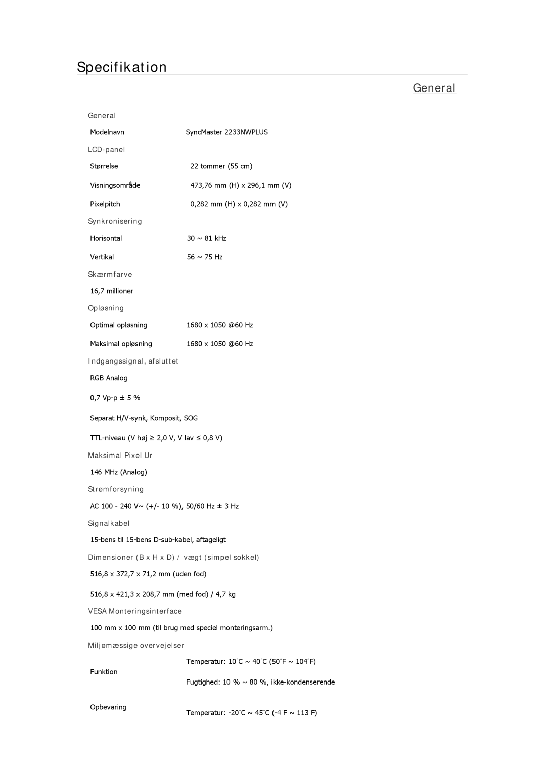 Samsung LS22CMKKFVA/EN, LS22MYMESCA/EN, LS22MYDEBCA/EN, LS24MYKDSC/EDC, LS22MYDESC/EDC manual Modelnavn SyncMaster 2233NWPLUS 