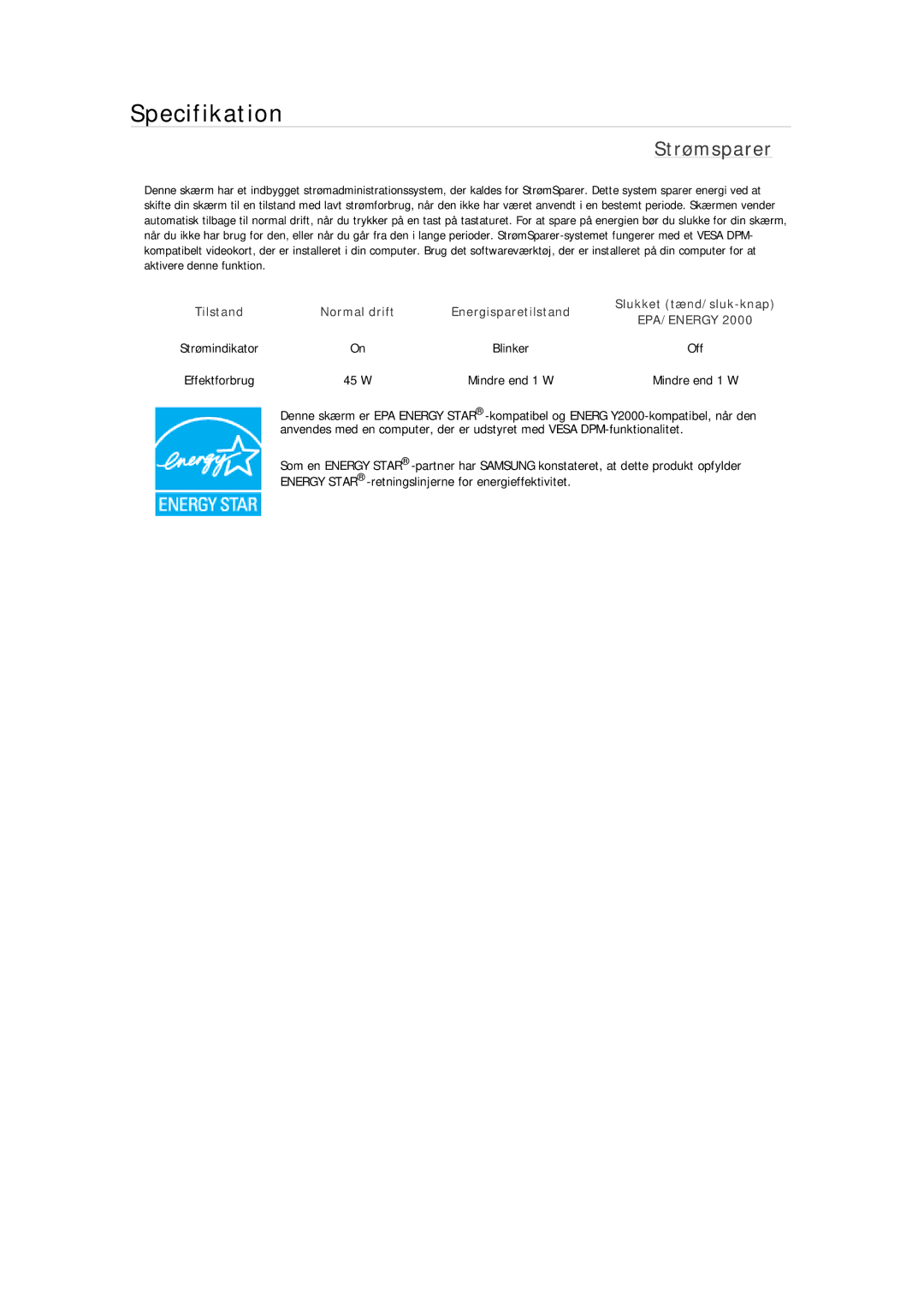 Samsung LS22MYDEBCA/EN, LS22MYMESCA/EN, LS24MYKDSC/EDC, LS22MYDESC/EDC, LS22MYKDSCA/EN, LS22MYDDSC/EDC manual Strømsparer 