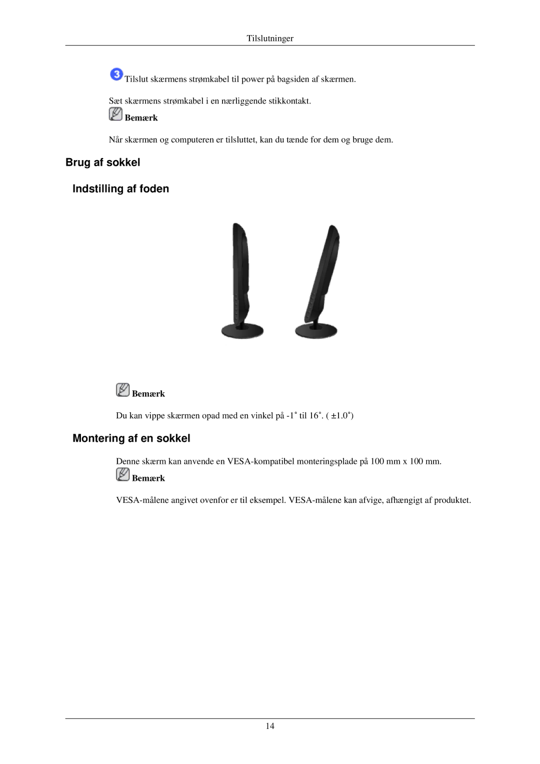 Samsung LS19MYAKBBA/EN, LS22MYMESCA/EN, LS22MYDEBCA/EN manual Brug af sokkel Indstilling af foden, Montering af en sokkel 