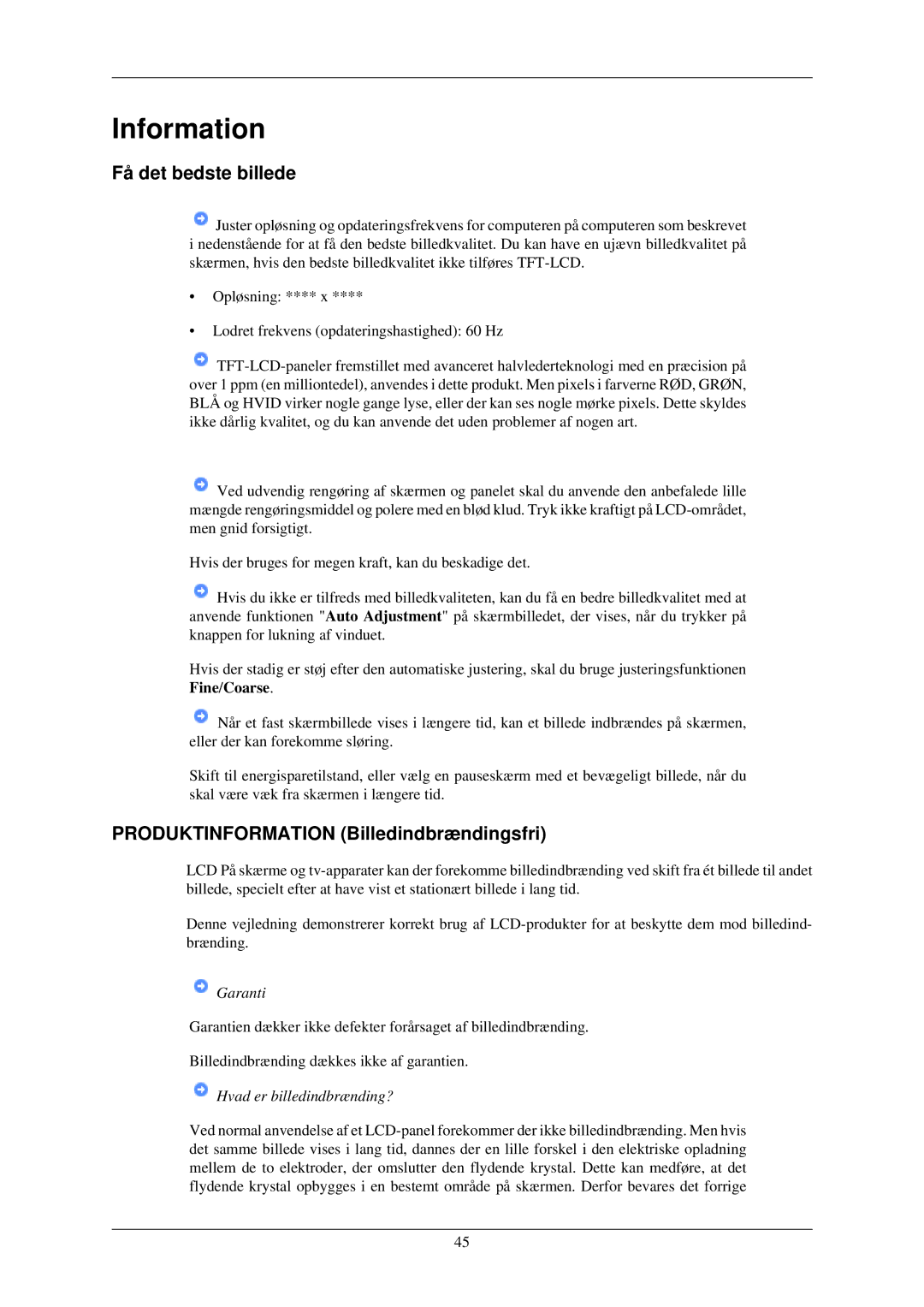 Samsung LS19MYNKBB/EDC, LS22MYMESCA/EN, LS22MYDEBCA/EN manual Få det bedste billede, Produktinformation Billedindbrændingsfri 