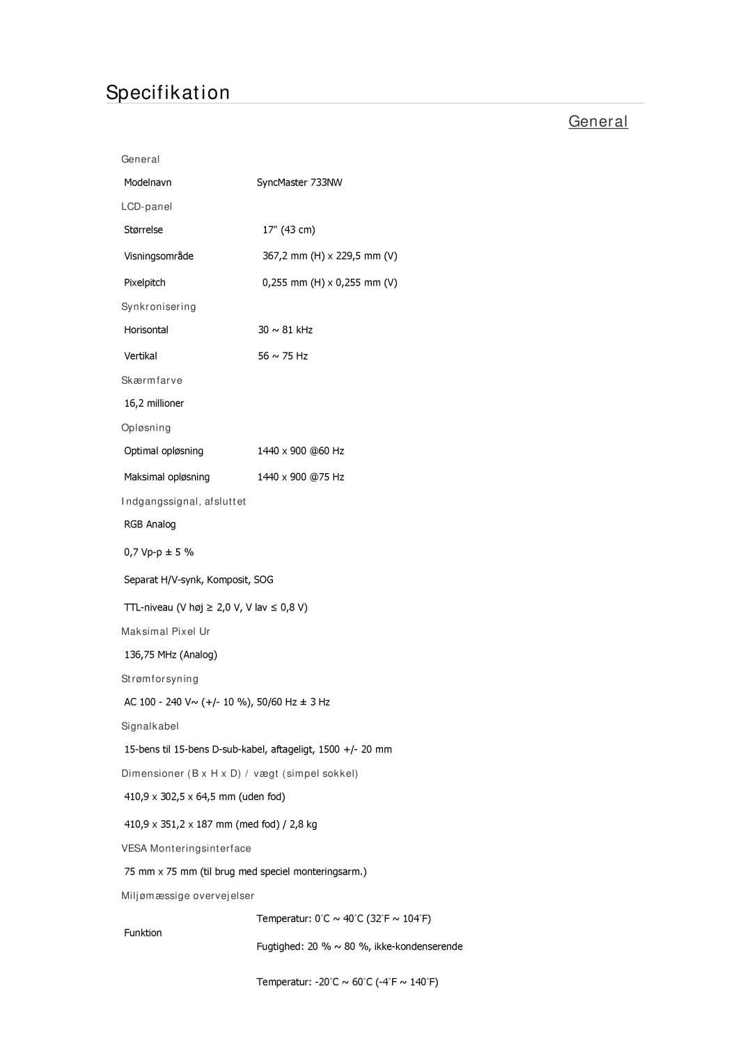 Samsung LS22MYNKBBA/EN, LS22MYMESCA/EN, LS22MYDEBCA/EN, LS24MYKDSC/EDC, LS22MYDESC/EDC manual Modelnavn SyncMaster 733NW 