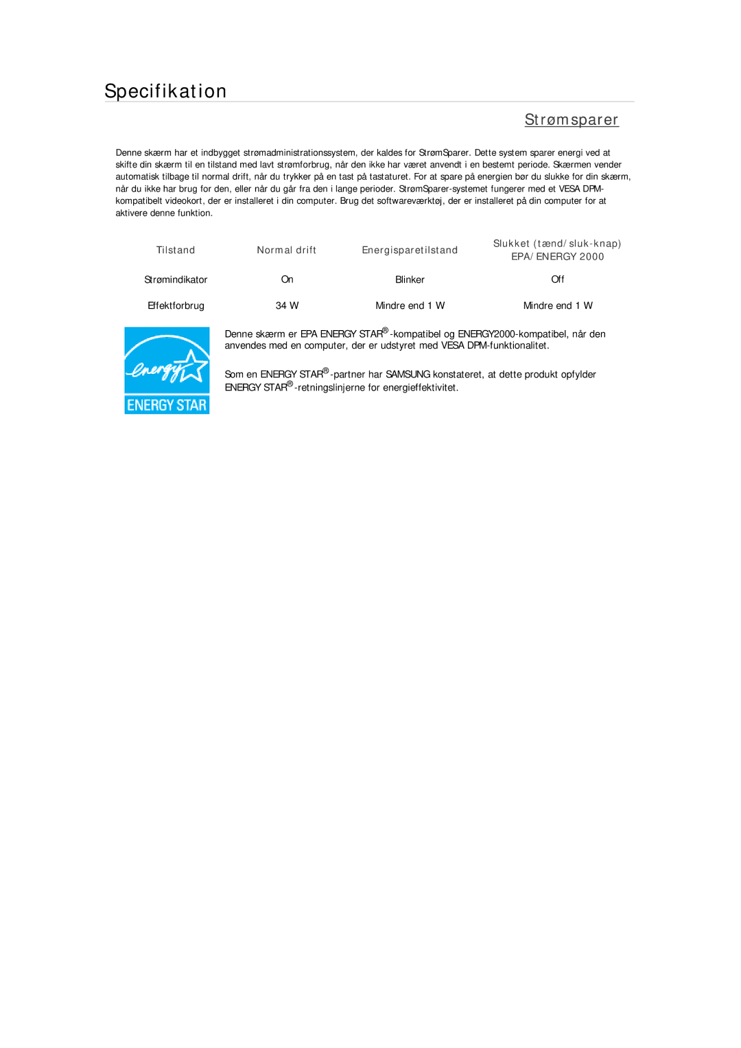 Samsung LS17MYBESQ/EDC, LS22MYMESCA/EN, LS22MYDEBCA/EN, LS24MYKDSC/EDC, LS22MYDESC/EDC, LS22MYKDSCA/EN manual Strømsparer 