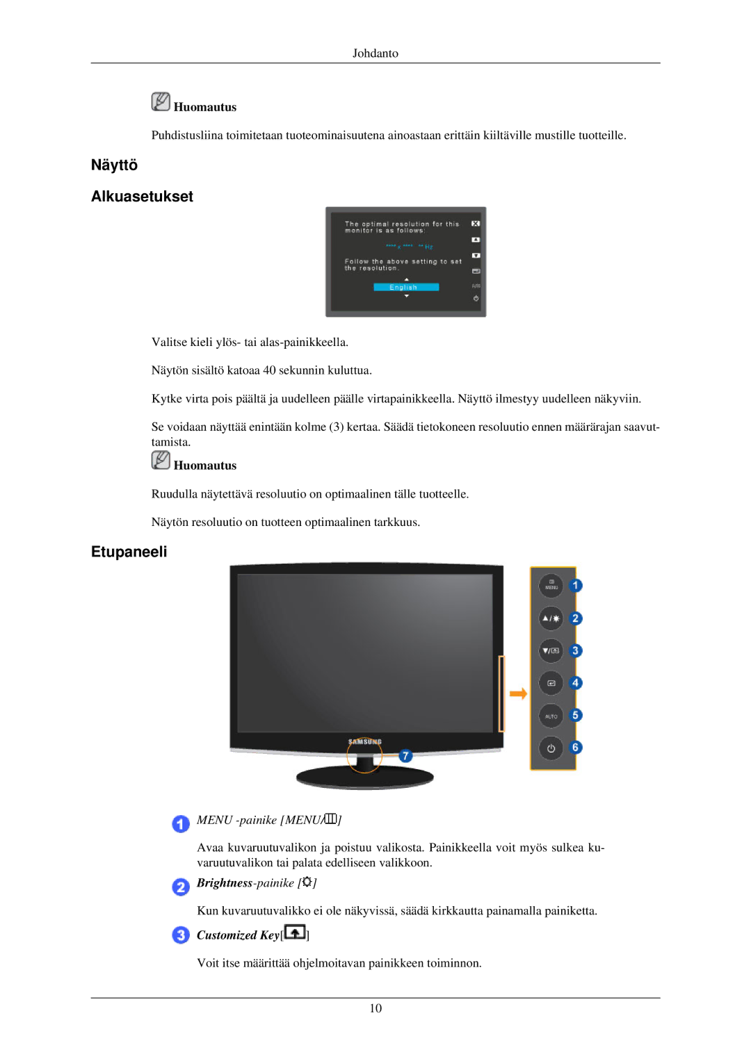 Samsung LS19MYAKSBA/EN, LS22MYMESCA/EN, LS22MYDEBCA/EN, LS24MYKDSC/EDC, LS22MYDESC/EDC manual Näyttö Alkuasetukset, Etupaneeli 