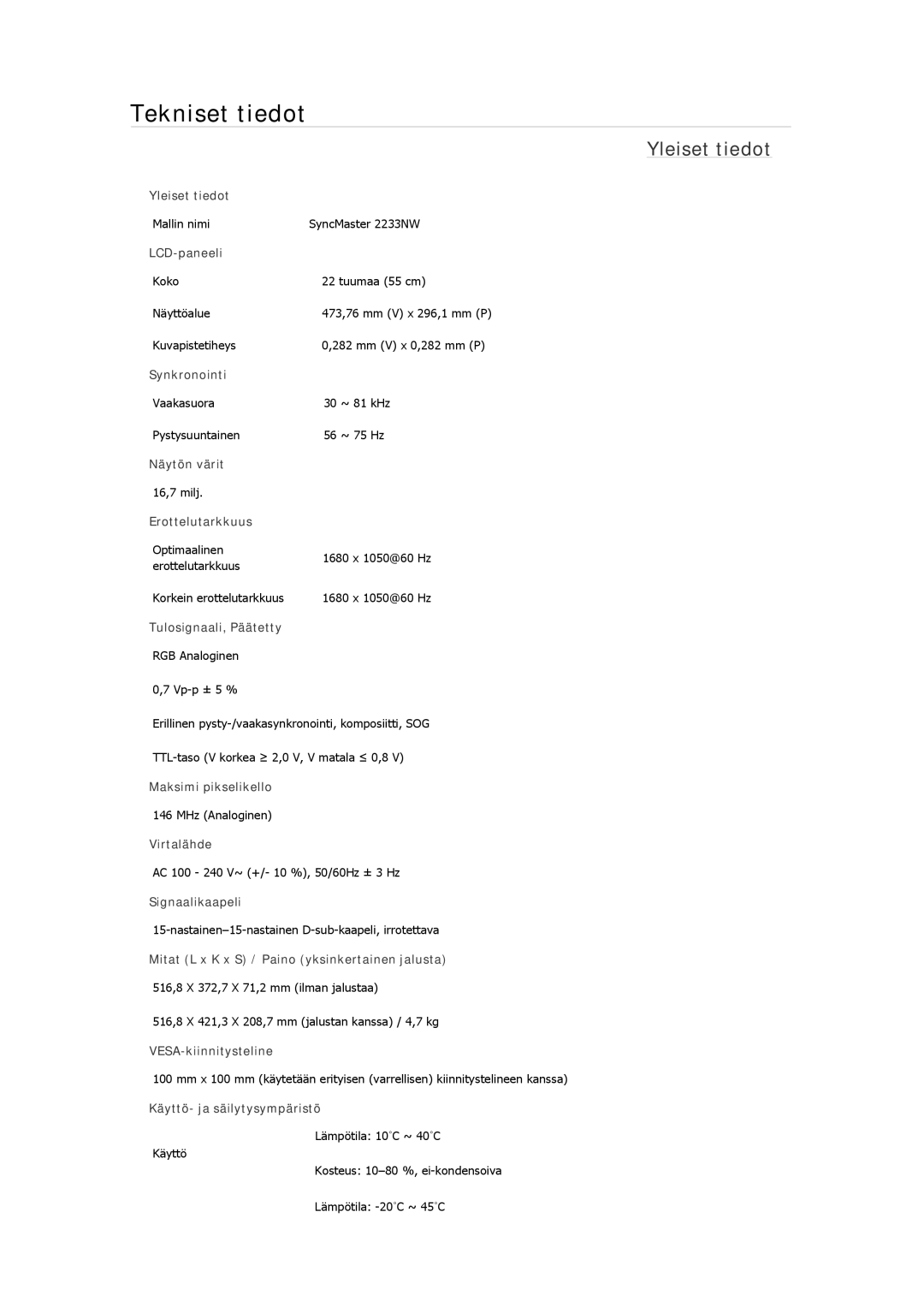 Samsung LS19MYNKBBAUEN, LS22MYMESCA/EN, LS22MYDEBCA/EN, LS24MYKDSC/EDC, LS22MYDESC/EDC manual Mallin nimi SyncMaster 2233NW 