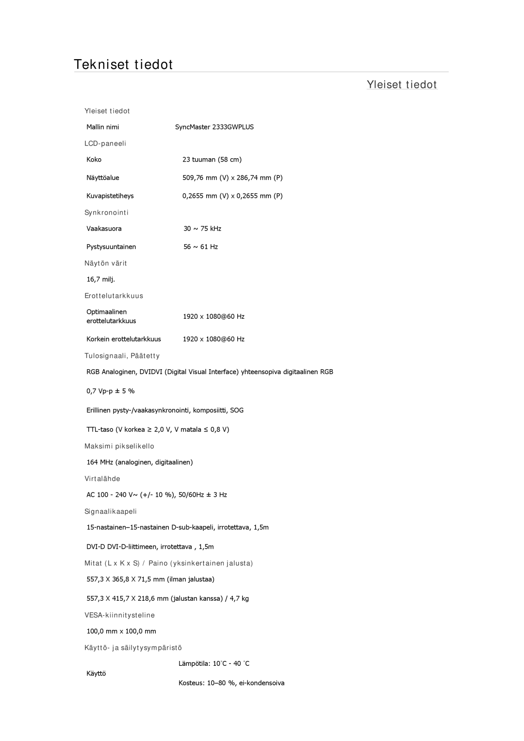 Samsung LS22CMYKFNA/EN, LS22MYMESCA/EN, LS22MYDEBCA/EN, LS24MYKDSC/EDC, LS22MYDESC/EDC manual Mallin nimi SyncMaster 2333GWPLUS 