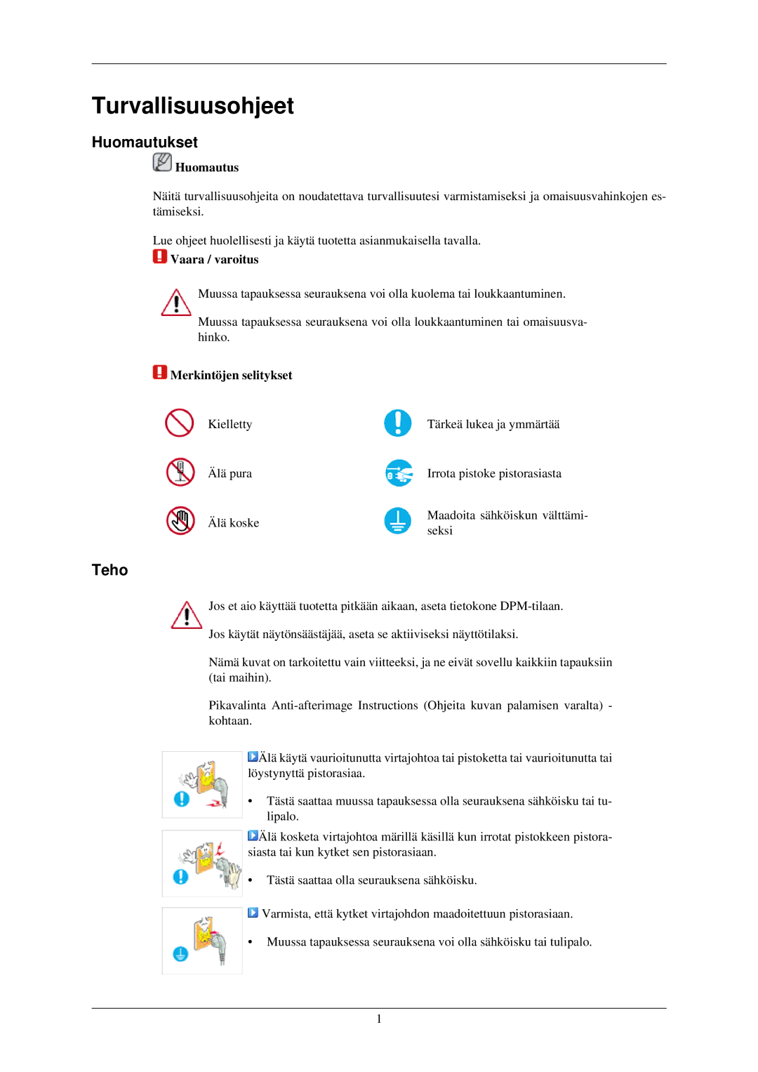 Samsung LS24MYKDSC/EDC, LS22MYMESCA/EN, LS22MYDEBCA/EN, LS22MYDESC/EDC, LS22MYKDSCA/EN, LS22MYDDSC/EDC manual Huomautukset, Teho 