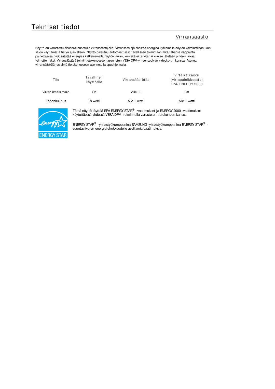 Samsung LS19MYNKB/EDC, LS22MYMESCA/EN, LS22MYDEBCA/EN, LS24MYKDSC/EDC, LS22MYDESC/EDC, LS22MYKDSCA/EN manual Virransäästö 