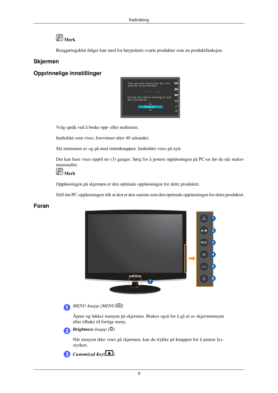 Samsung LS19MYMESCA/EN, LS22MYMESCA/EN, LS22MYDEBCA/EN, LS24MYKDSC/EDC manual Skjermen Opprinnelige innstillinger, Foran 