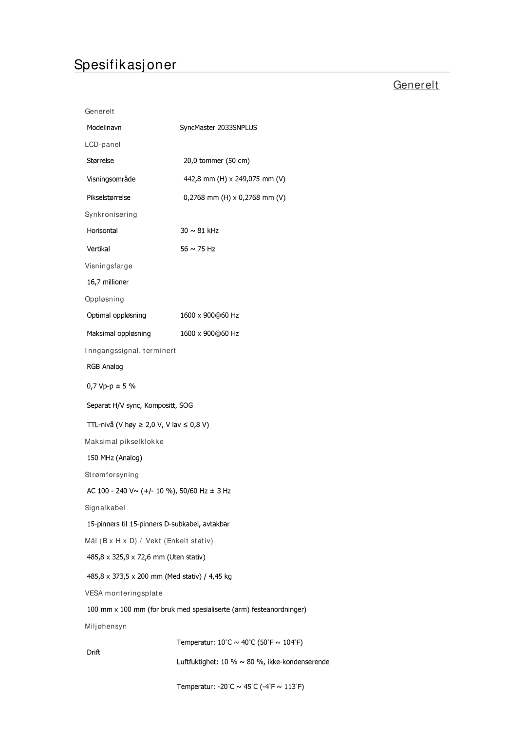 Samsung LS19MYAKBB/EDC, LS22MYMESCA/EN, LS22MYDEBCA/EN, LS24MYKDSC/EDC, LS22MYDESC/EDC manual Modellnavn SyncMaster 2033SNPLUS 