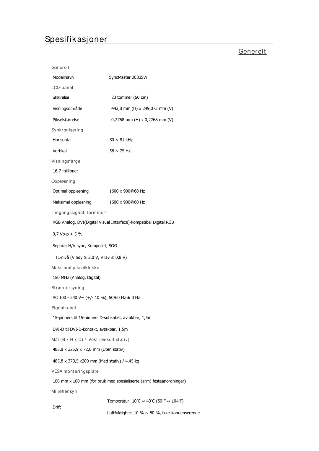 Samsung LS19CMYKFZ/EN, LS22MYMESCA/EN, LS22MYDEBCA/EN, LS24MYKDSC/EDC, LS22MYDESC/EDC manual Modellnavn SyncMaster 2033SW 