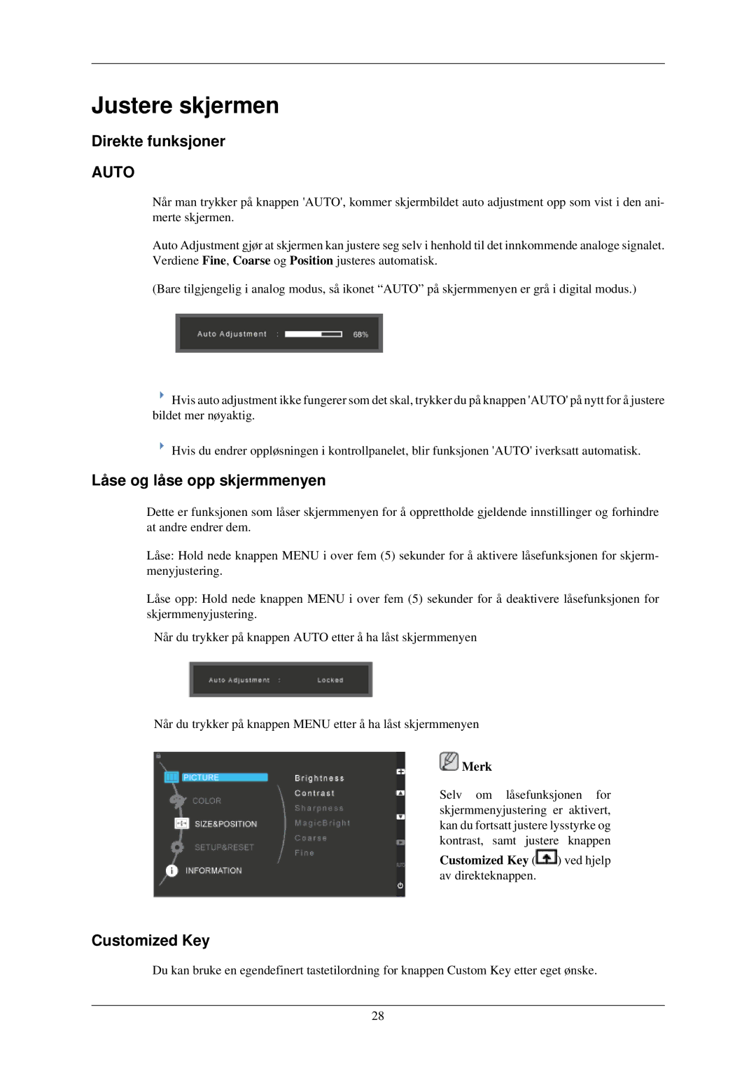 Samsung LS22MYKESCA/EN, LS22MYMESCA/EN, LS22MYDEBCA/EN Direkte funksjoner, Låse og låse opp skjermmenyen, Customized Key 