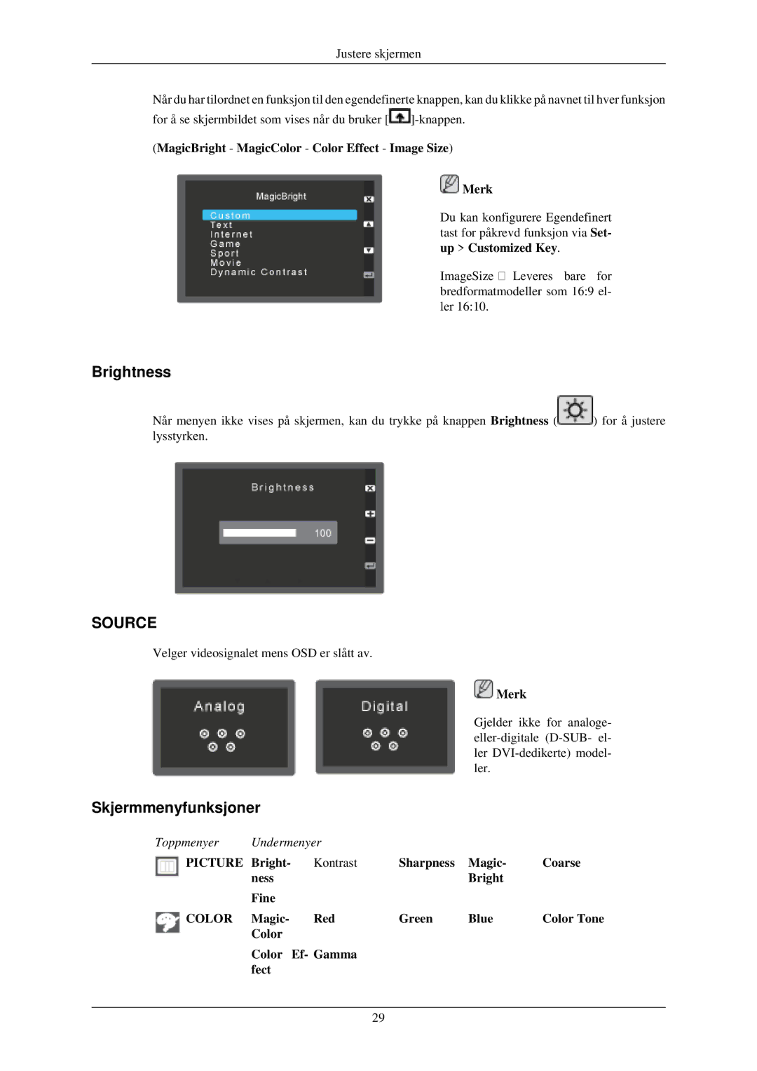 Samsung LS22MYKEBQ/EDC, LS22MYMESCA/EN, LS22MYDEBCA/EN, LS24MYKDSC/EDC, LS22MYDESC/EDC manual Brightness, Skjermmenyfunksjoner 