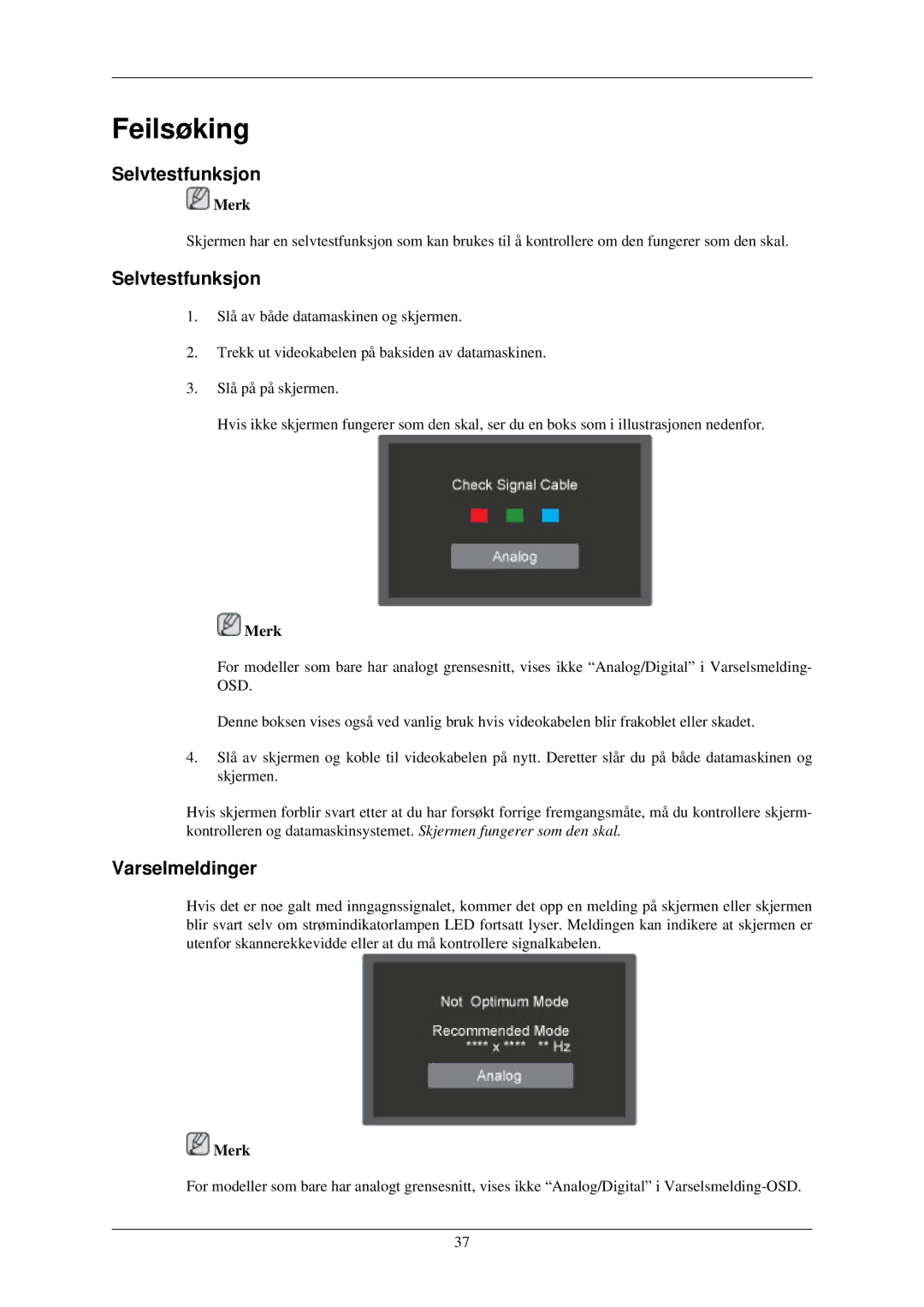 Samsung LS19CMYKFZ/EN, LS22MYMESCA/EN, LS22MYDEBCA/EN, LS24MYKDSC/EDC, LS22MYDESC/EDC manual Selvtestfunksjon, Varselmeldinger 