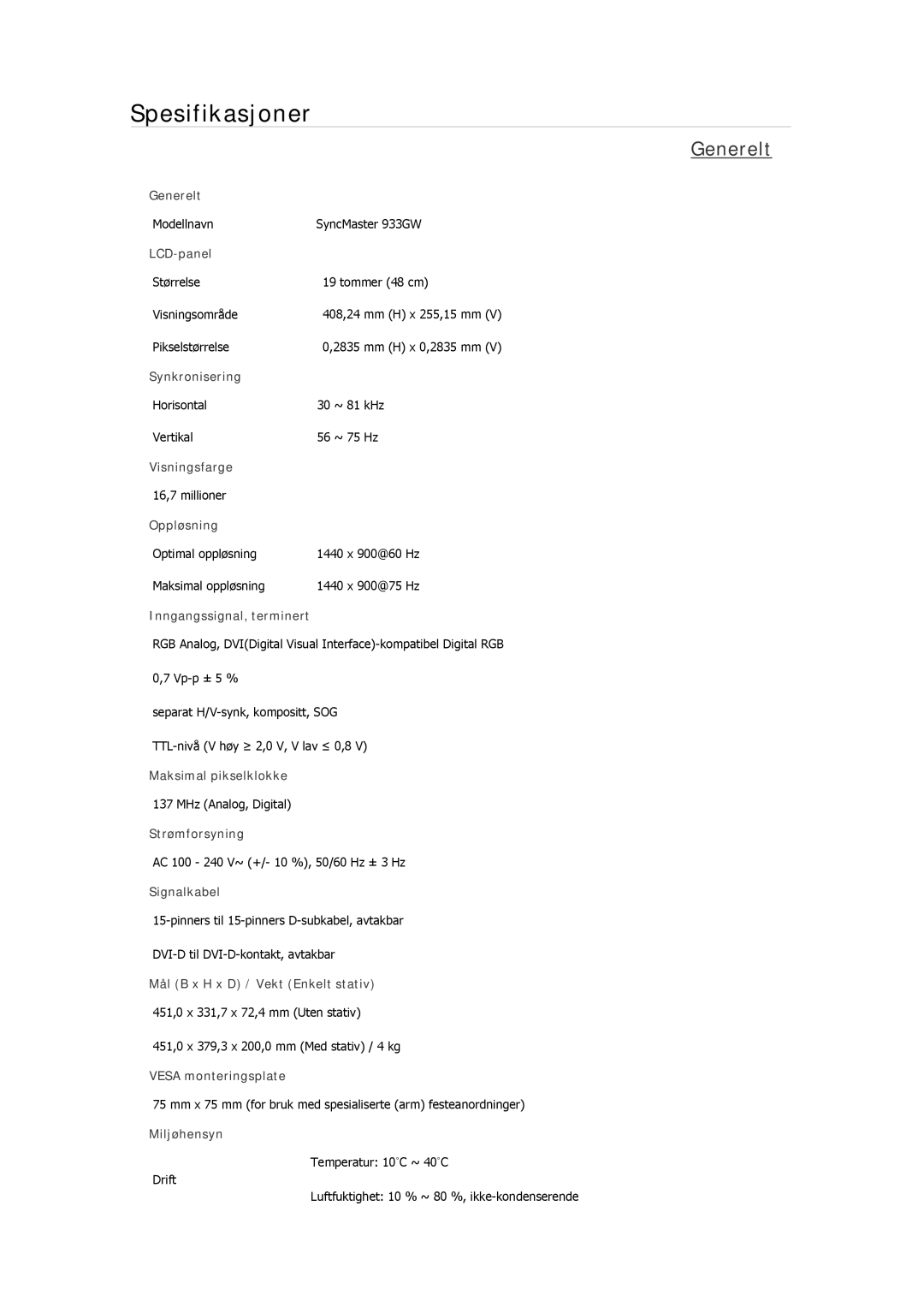 Samsung LS19MYTESQ/EDC, LS22MYMESCA/EN, LS22MYDEBCA/EN, LS24MYKDSC/EDC, LS22MYDESC/EDC manual Modellnavn SyncMaster 933GW 