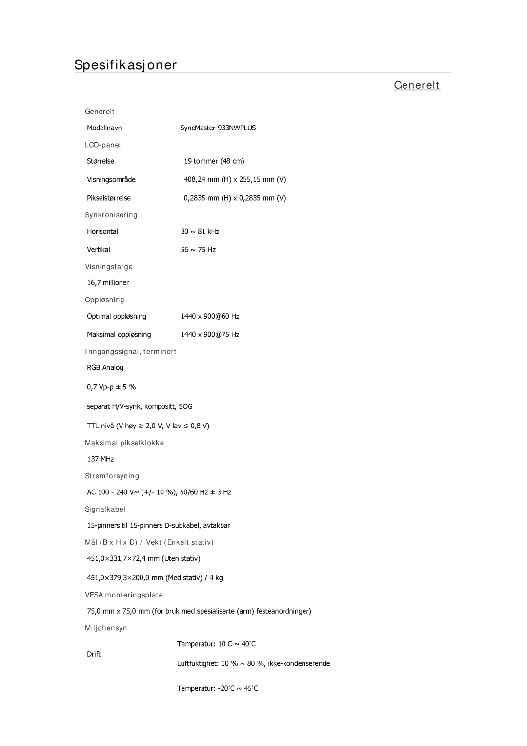 Samsung LS19CMYKF/EN, LS22MYMESCA/EN, LS22MYDEBCA/EN, LS24MYKDSC/EDC, LS22MYDESC/EDC manual Modellnavn SyncMaster 933NWPLUS 