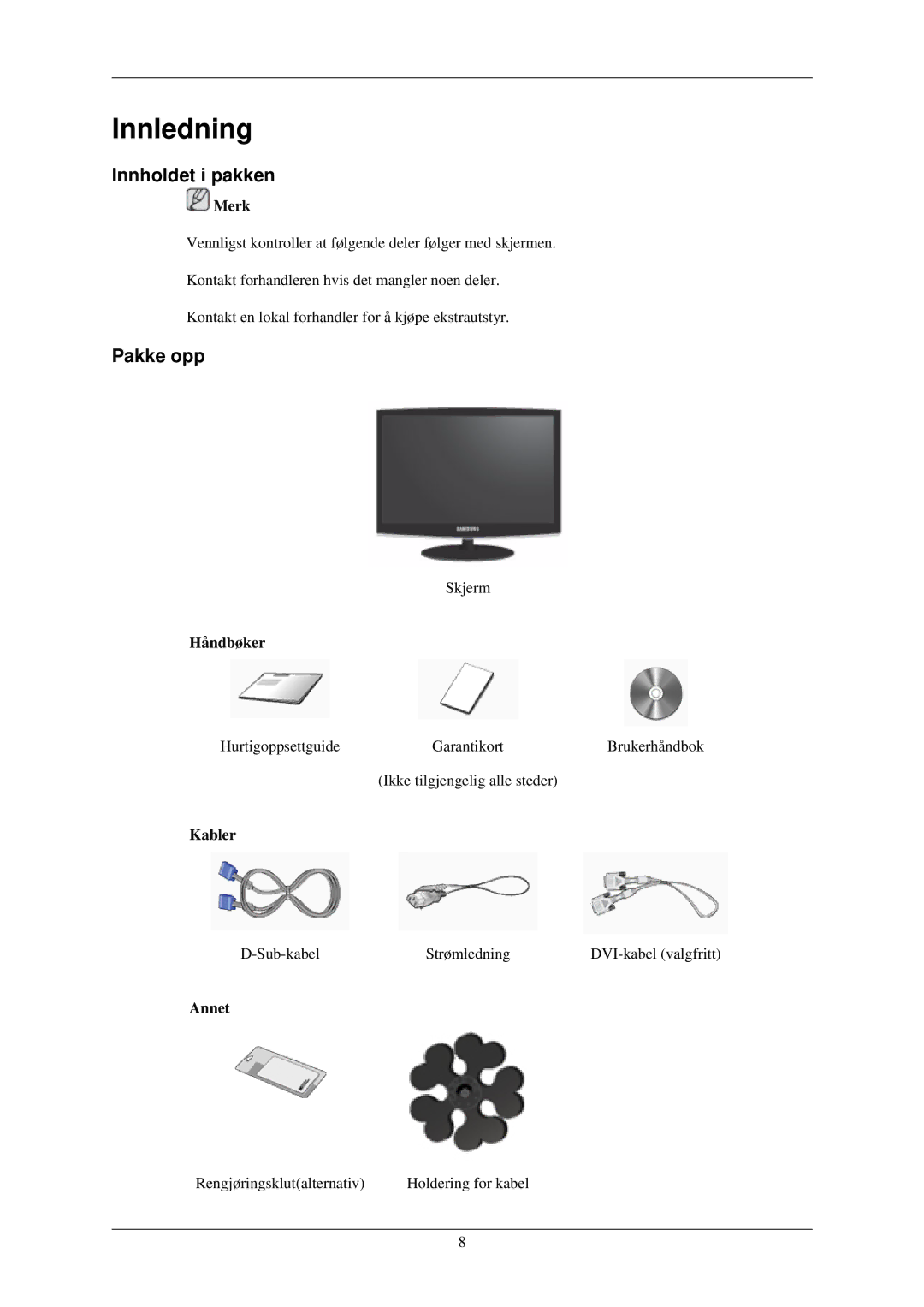 Samsung LS24MYKDSCA/EN, LS22MYMESCA/EN, LS22MYDEBCA/EN, LS24MYKDSC/EDC, LS22MYDESC/EDC manual Innholdet i pakken, Pakke opp 