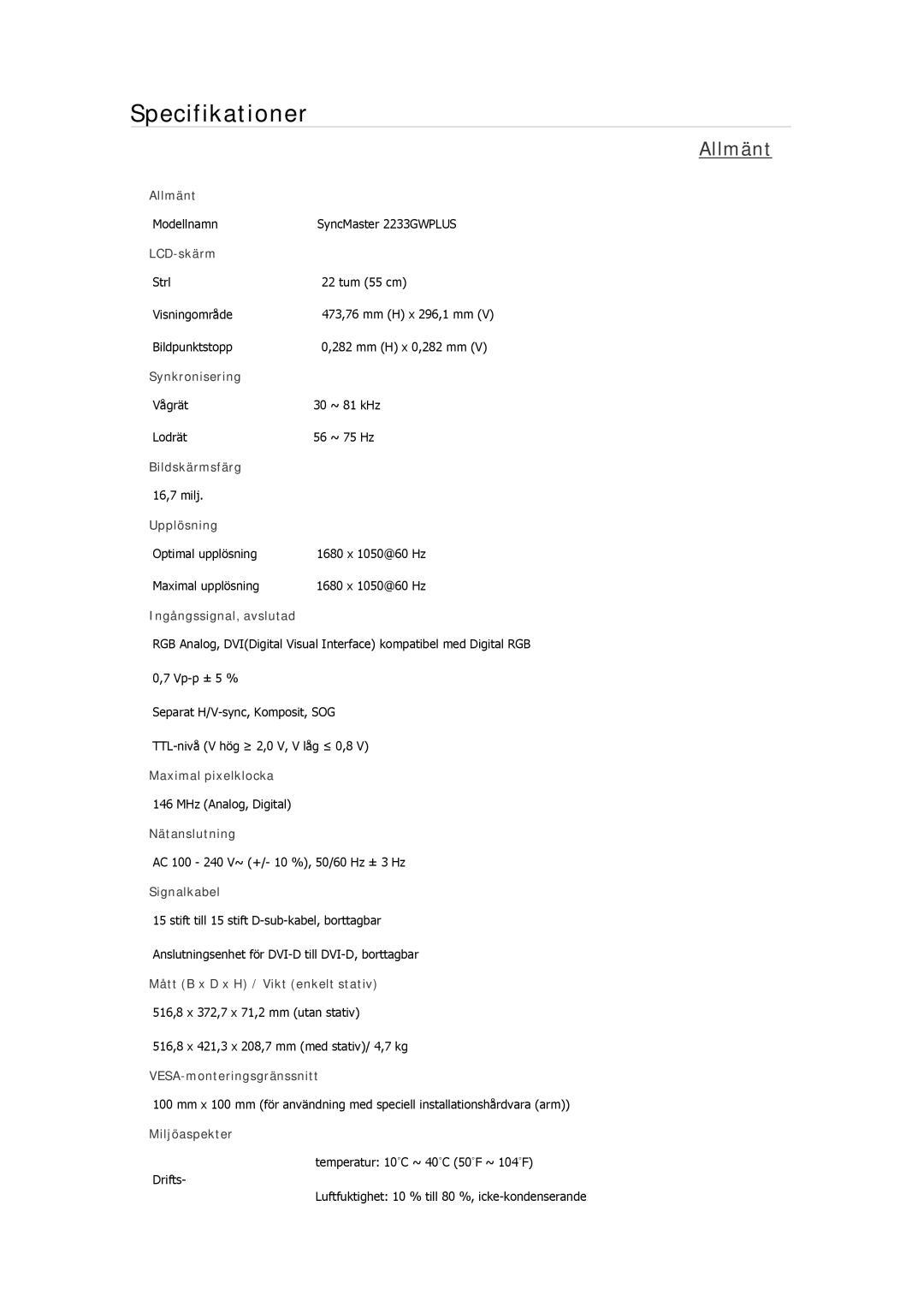 Samsung LS19MYAEBBA/EN, LS22MYMESCA/EN, LS22MYDEBCA/EN, LS24MYKDSC/EDC, LS22MYDESC/EDC manual Modellnamn SyncMaster 2233GWPLUS 