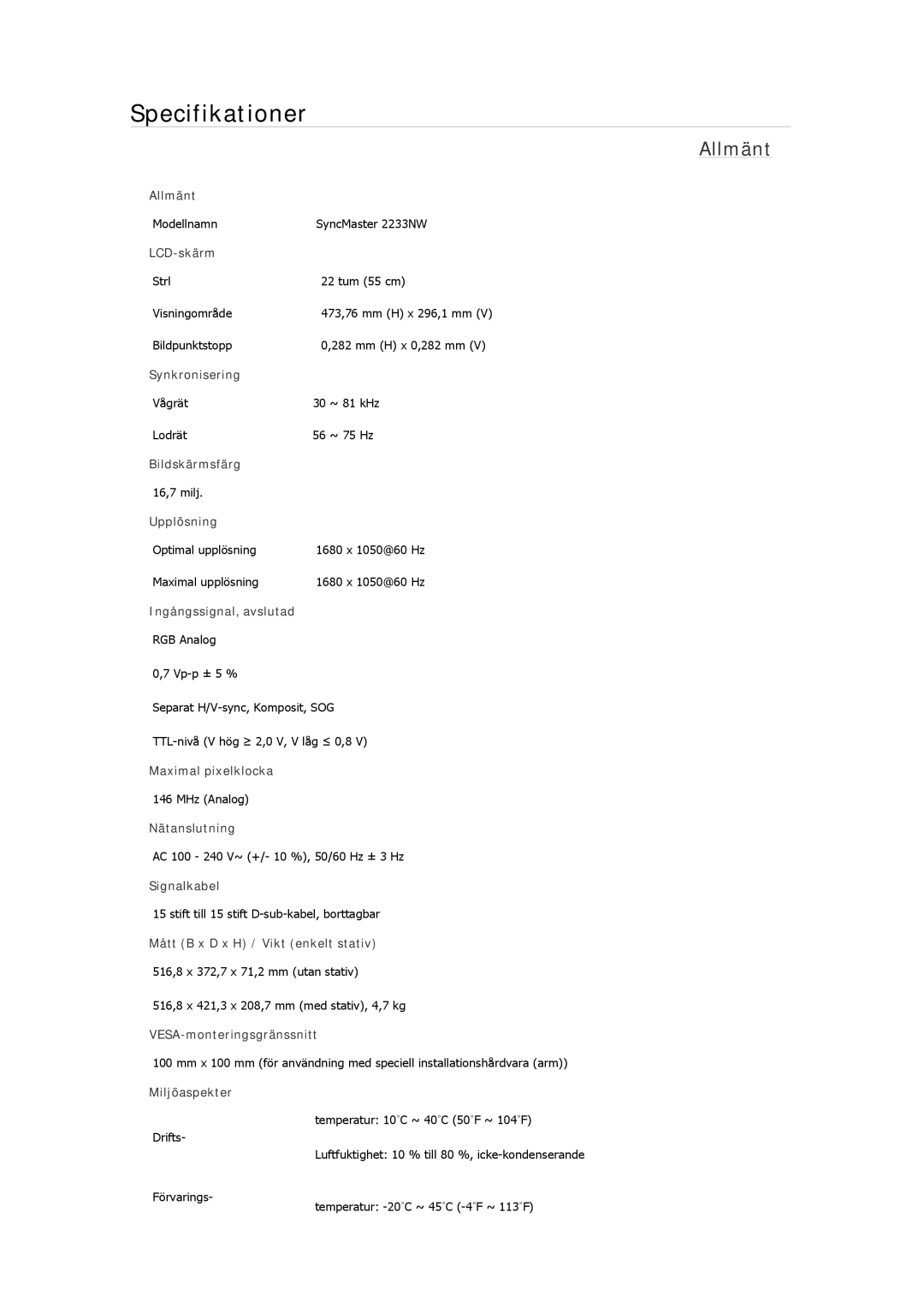 Samsung LS19MYAKSB/EDC, LS22MYMESCA/EN, LS22MYDEBCA/EN, LS24MYKDSC/EDC, LS22MYDESC/EDC manual Modellnamn SyncMaster 2233NW 