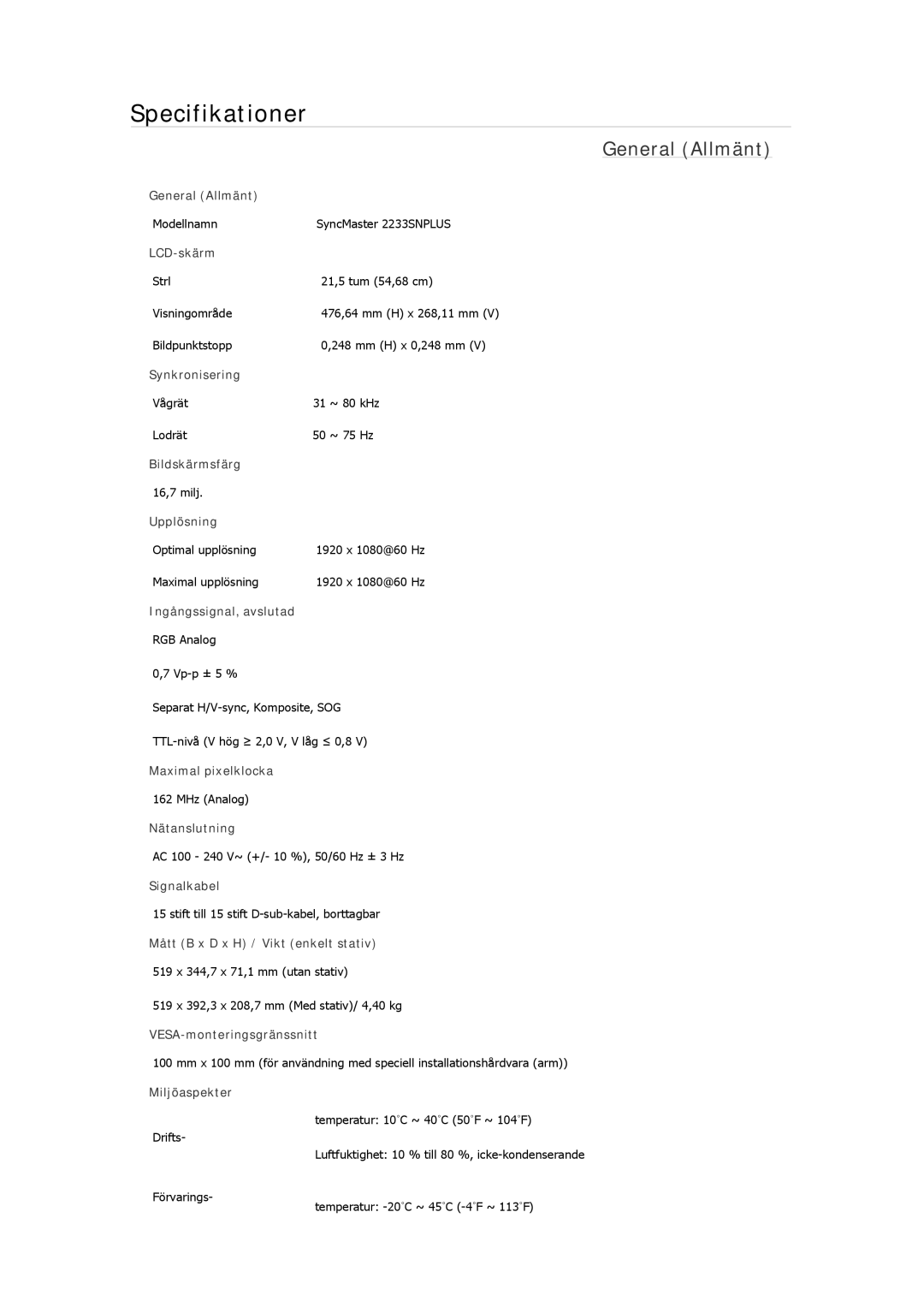 Samsung LS22MYDESC/EDC, LS22MYMESCA/EN, LS22MYDEBCA/EN, LS24MYKDSC/EDC, LS22MYKDSCA/EN manual Modellnamn SyncMaster 2233SNPLUS 