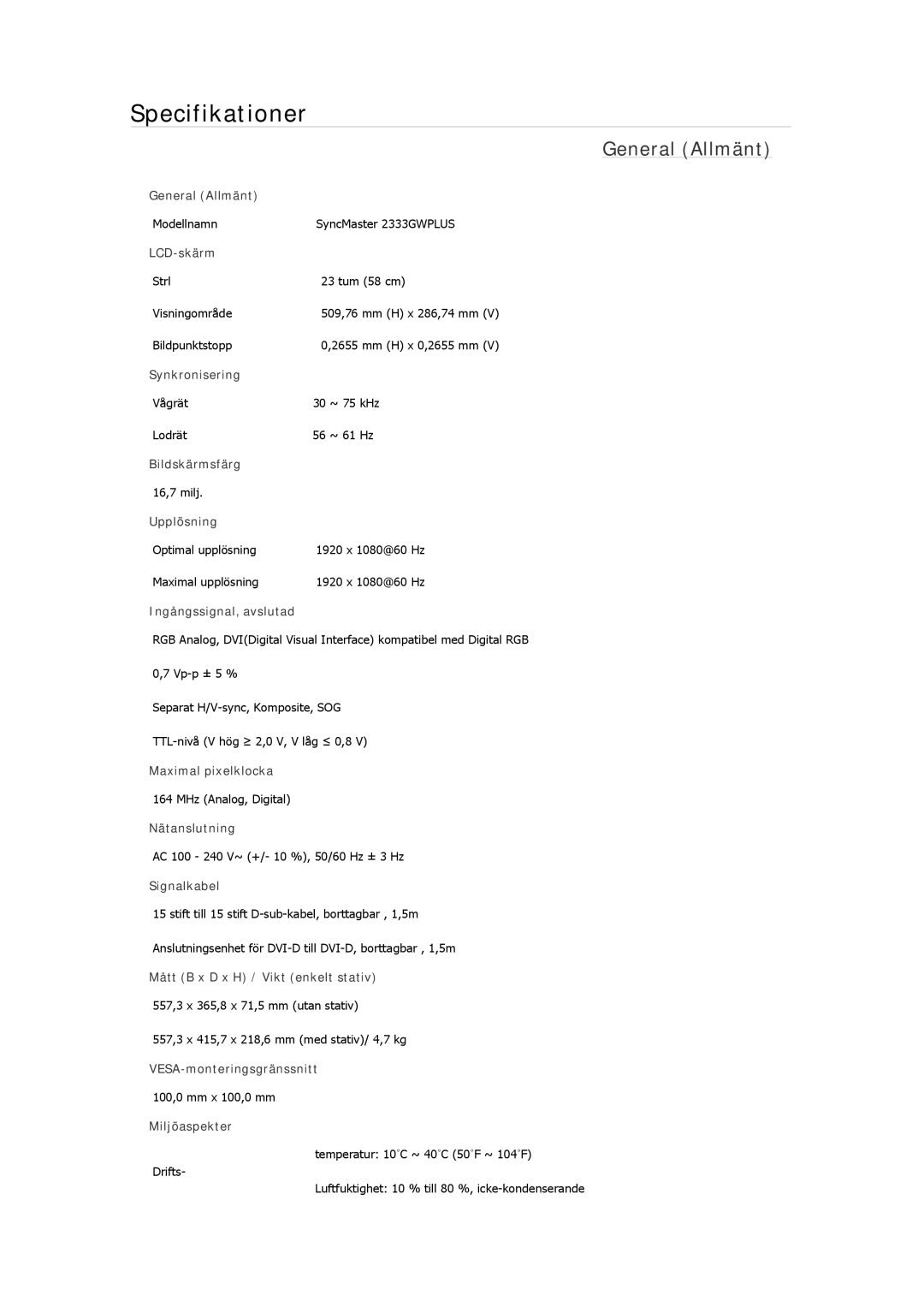 Samsung LS19MYAKBBA/EN, LS22MYMESCA/EN, LS22MYDEBCA/EN, LS24MYKDSC/EDC, LS22MYDESC/EDC manual Modellnamn SyncMaster 2333GWPLUS 