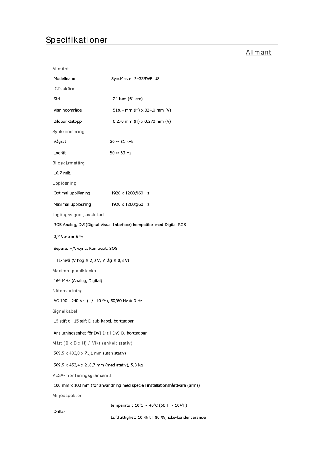 Samsung LS22MYDEBC/EDC, LS22MYMESCA/EN, LS22MYDEBCA/EN, LS24MYKDSC/EDC, LS22MYDESC/EDC manual Modellnamn SyncMaster 2433BWPLUS 