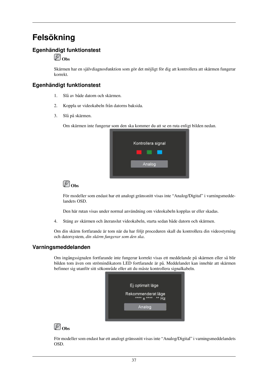 Samsung LS19CMYKFZ/EN, LS22MYMESCA/EN, LS22MYDEBCA/EN, LS24MYKDSC/EDC manual Egenhändigt funktionstest, Varningsmeddelanden 