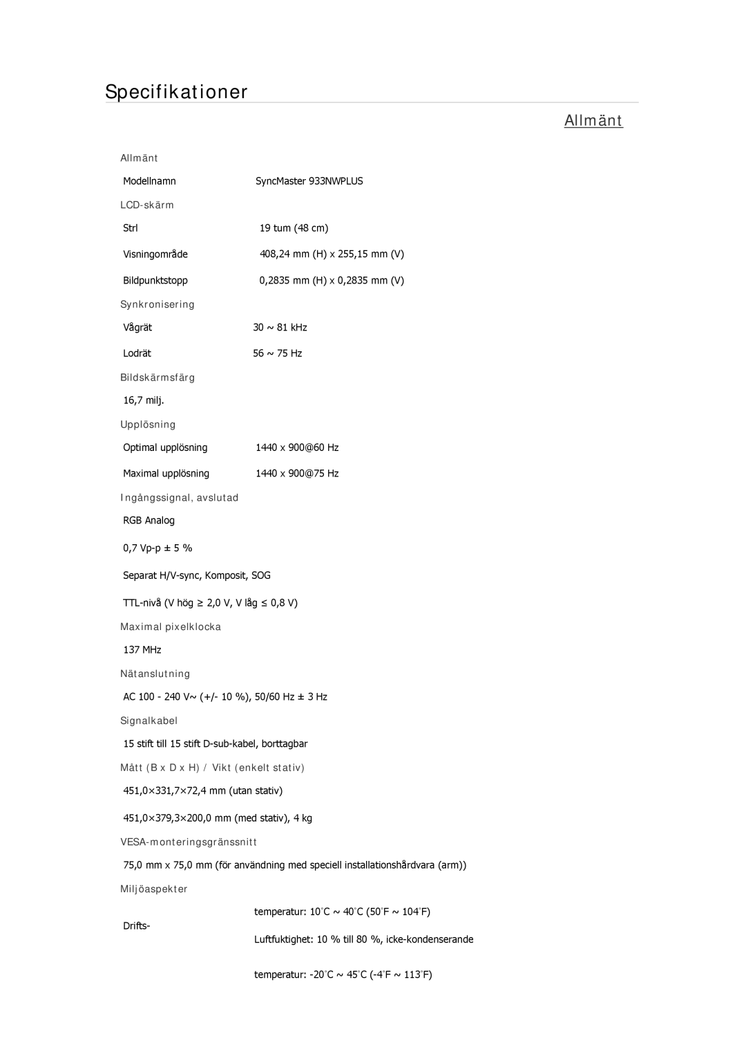 Samsung LS19CMYKF/EN, LS22MYMESCA/EN, LS22MYDEBCA/EN, LS24MYKDSC/EDC, LS22MYDESC/EDC manual Modellnamn SyncMaster 933NWPLUS 