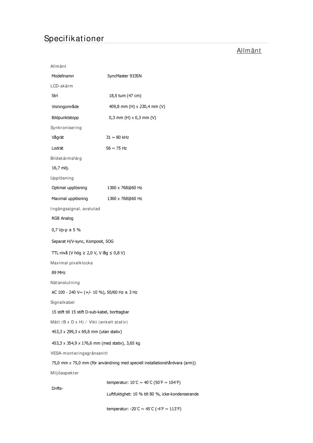 Samsung LS19MYBEBQ/EDC, LS22MYMESCA/EN, LS22MYDEBCA/EN, LS24MYKDSC/EDC, LS22MYDESC/EDC manual Modellnamn SyncMaster 933SN 