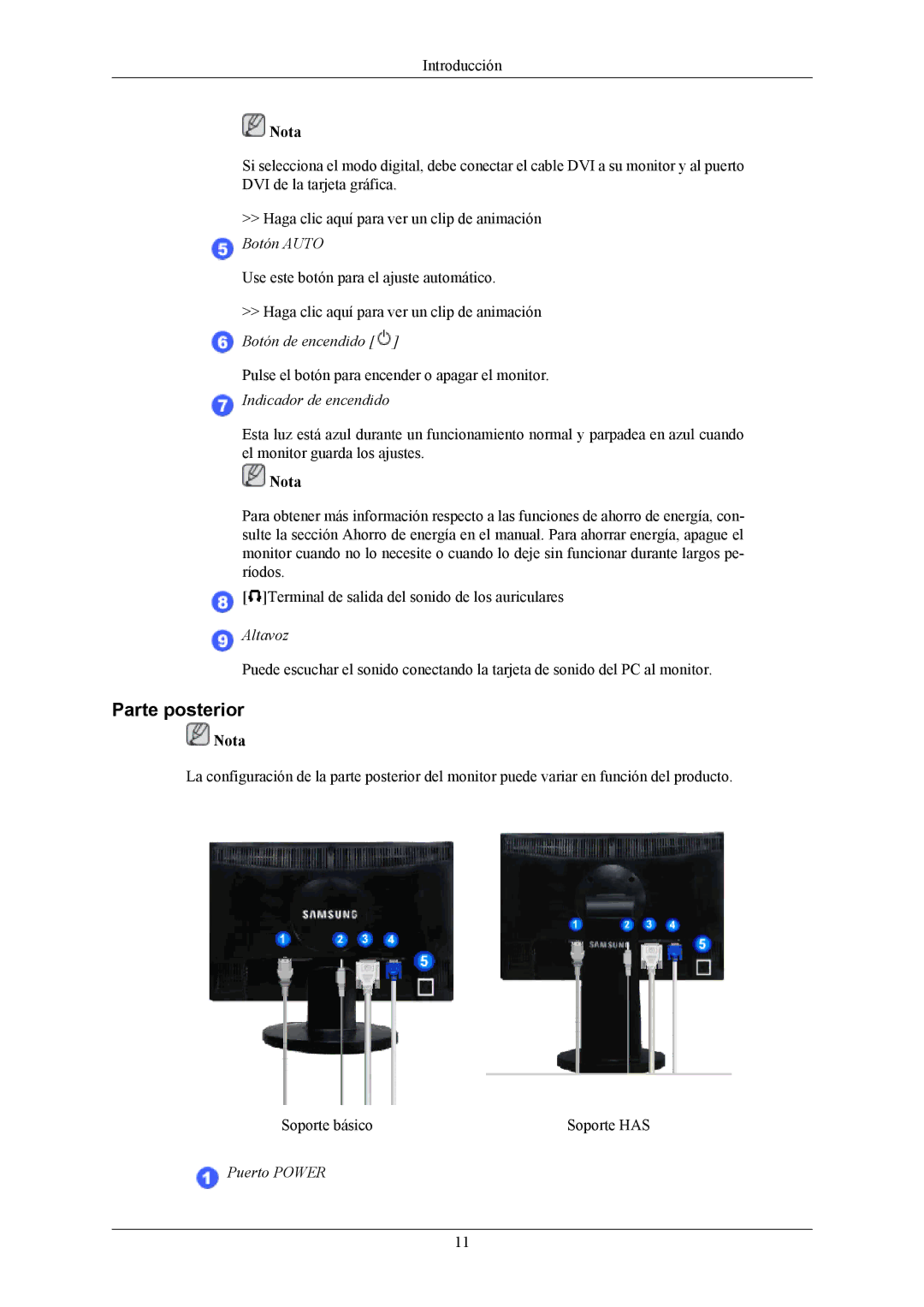 Samsung LS22MYMEBQ/EDC, LS22MYMESCA/EN, LS22MYMESQ/EDC, LS20MYMEBQ/EDC manual Parte posterior, Indicador de encendido 