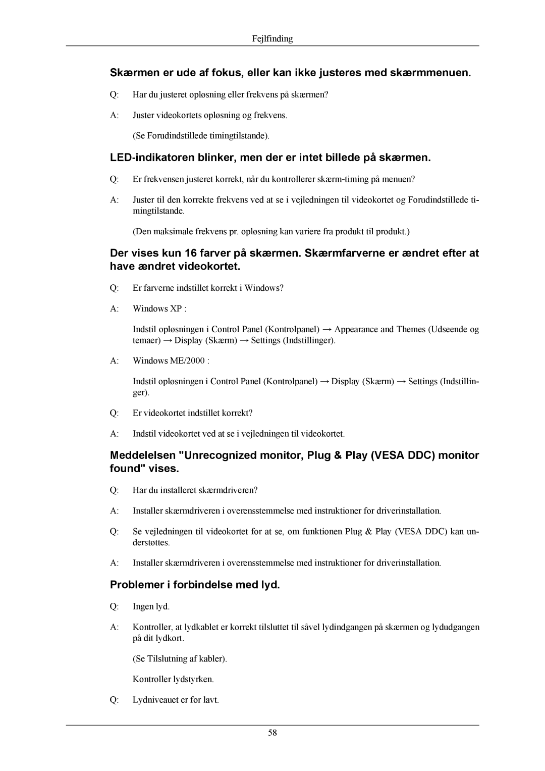 Samsung LS20MYMESQ/EDC manual LED-indikatoren blinker, men der er intet billede på skærmen, Problemer i forbindelse med lyd 