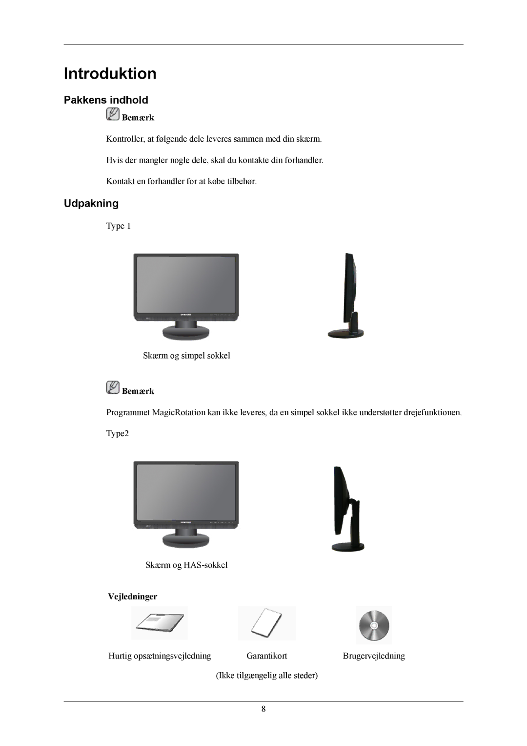 Samsung LS20MYMEBQ/EDC, LS22MYMESCA/EN, LS22MYMESQ/EDC, LS22MYMEBCA/EN, LS20MYMESQ/EDC manual Pakkens indhold, Udpakning 