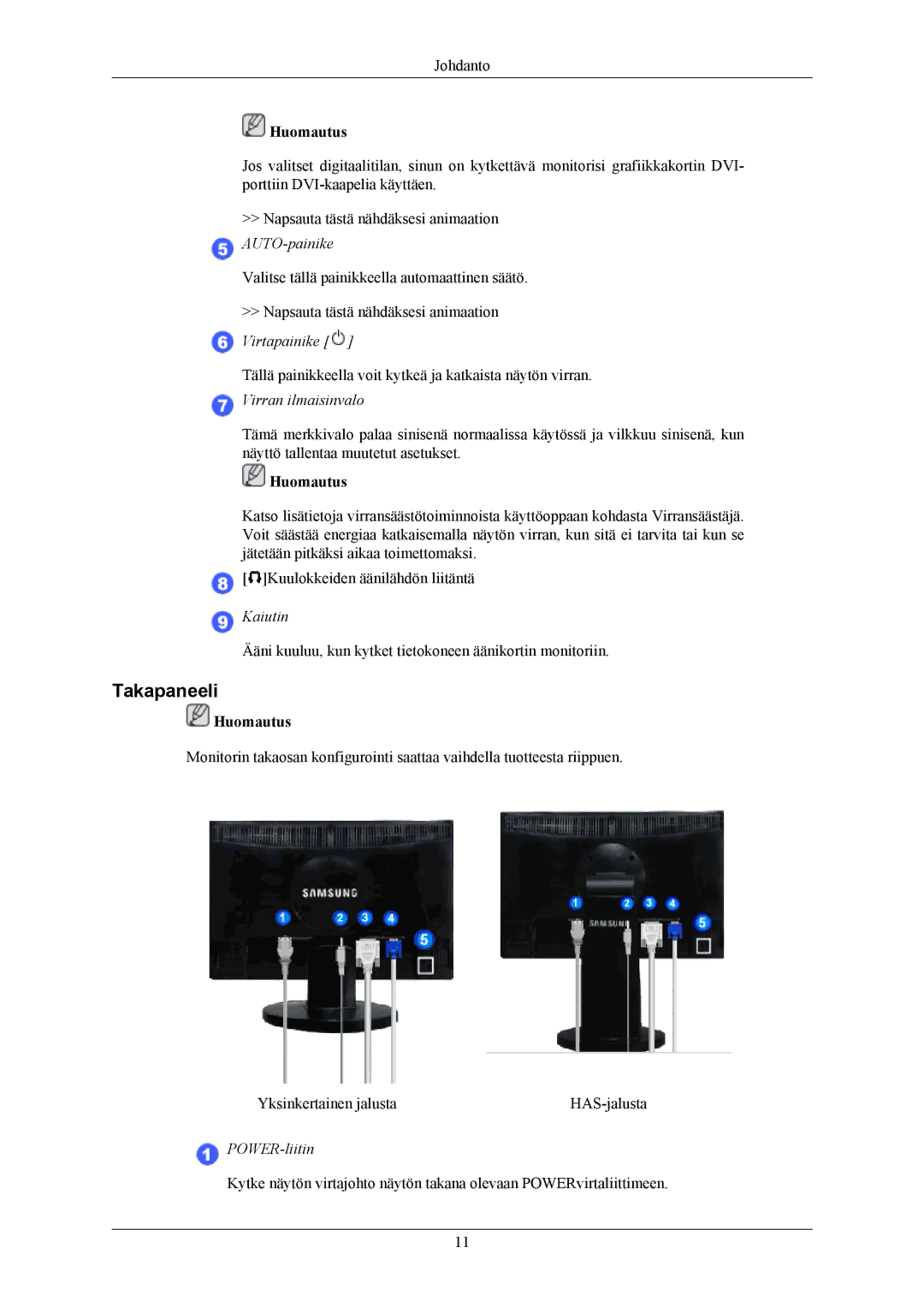 Samsung LS22MYMEBQ/EDC, LS22MYMESCA/EN, LS22MYMESQ/EDC, LS20MYMEBQ/EDC, LS22MYMEBCA/EN manual Takapaneeli, Virran ilmaisinvalo 