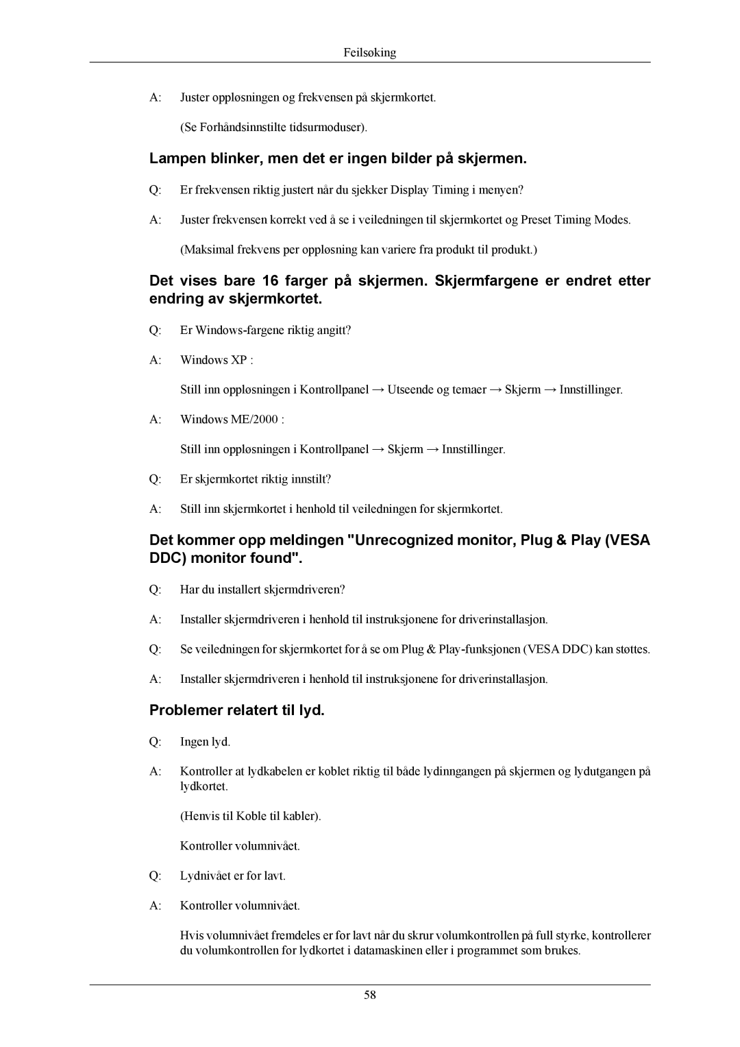 Samsung LS20MYMESQ/EDC, LS22MYMESCA/EN Lampen blinker, men det er ingen bilder på skjermen, Problemer relatert til lyd 