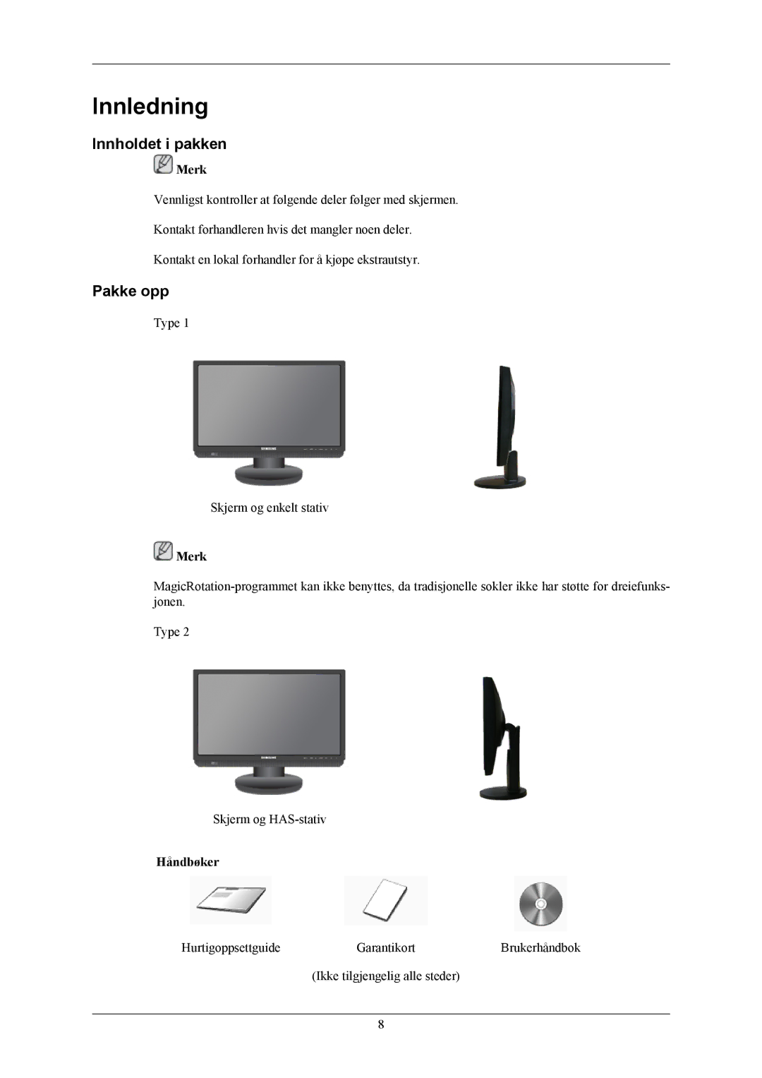 Samsung LS20MYMEBQ/EDC, LS22MYMESCA/EN, LS22MYMESQ/EDC, LS22MYMEBCA/EN, LS20MYMESQ/EDC manual Innholdet i pakken, Pakke opp 