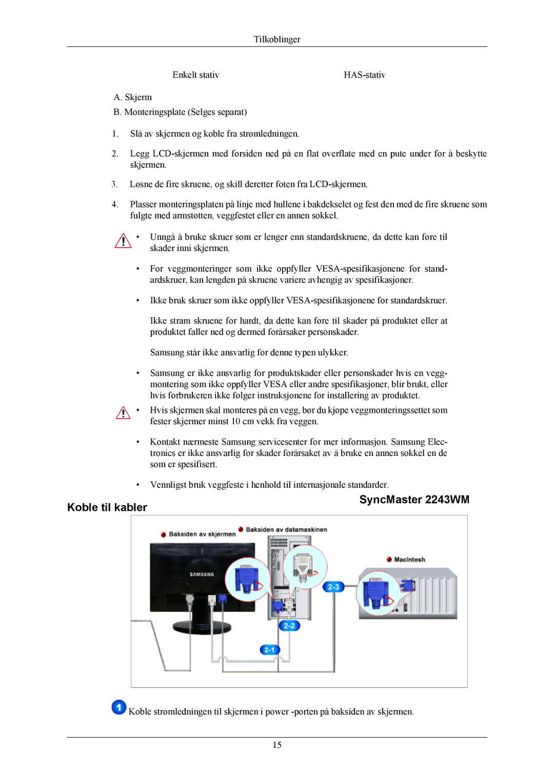 Samsung LS22MYMEBCA/EN, LS22MYMESCA/EN, LS22MYMESQ/EDC, LS20MYMEBQ/EDC, LS20MYMESQ/EDC Koble til kabler SyncMaster 2243WM 