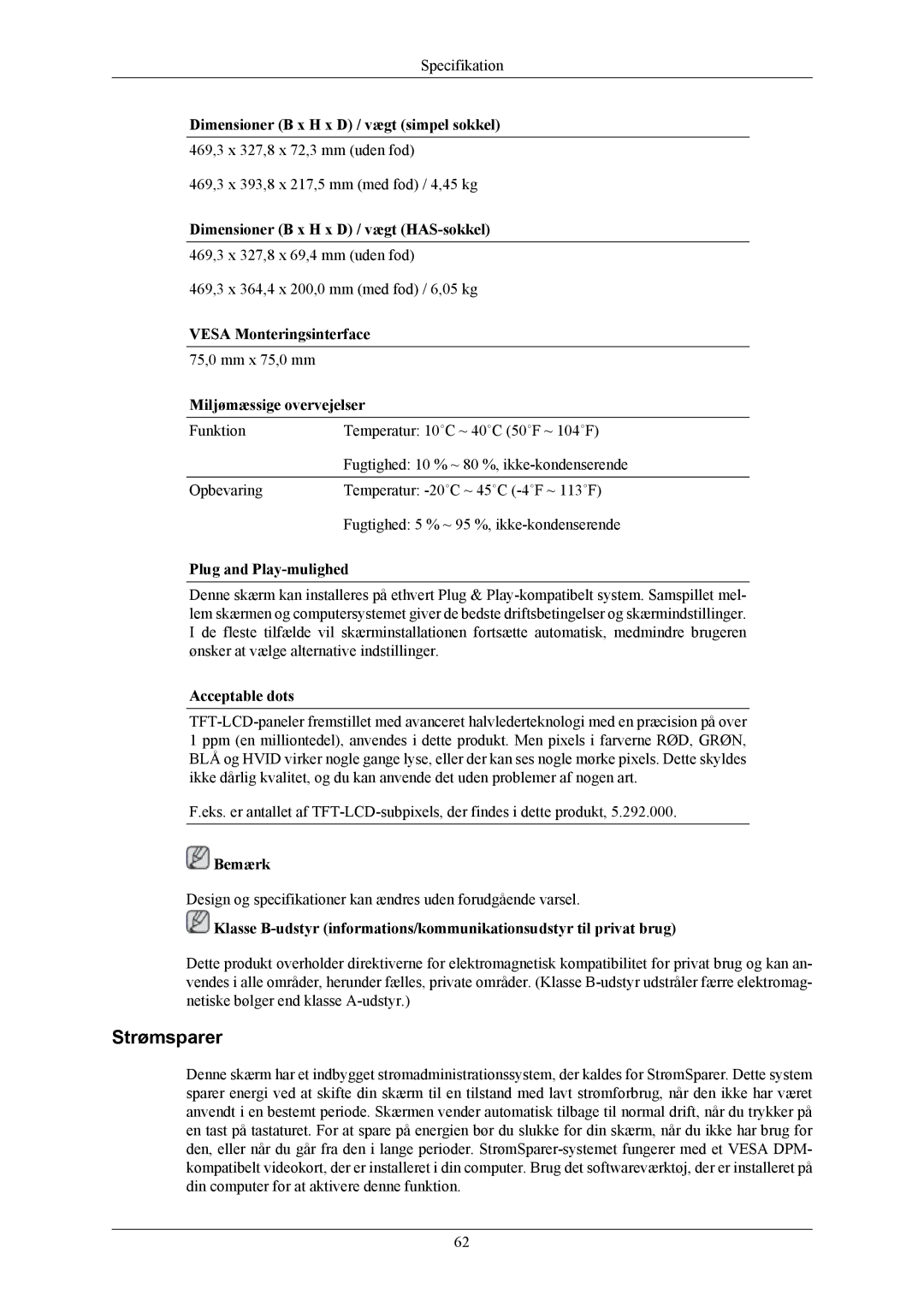 Samsung LS22MYMEBCA/EN, LS22MYMESCA/EN, LS22MYMESQ/EDC, LS20MYMEBQ/EDC, LS20MYMESQ/EDC, LS22MYMEBQ/EDC manual Strømsparer 