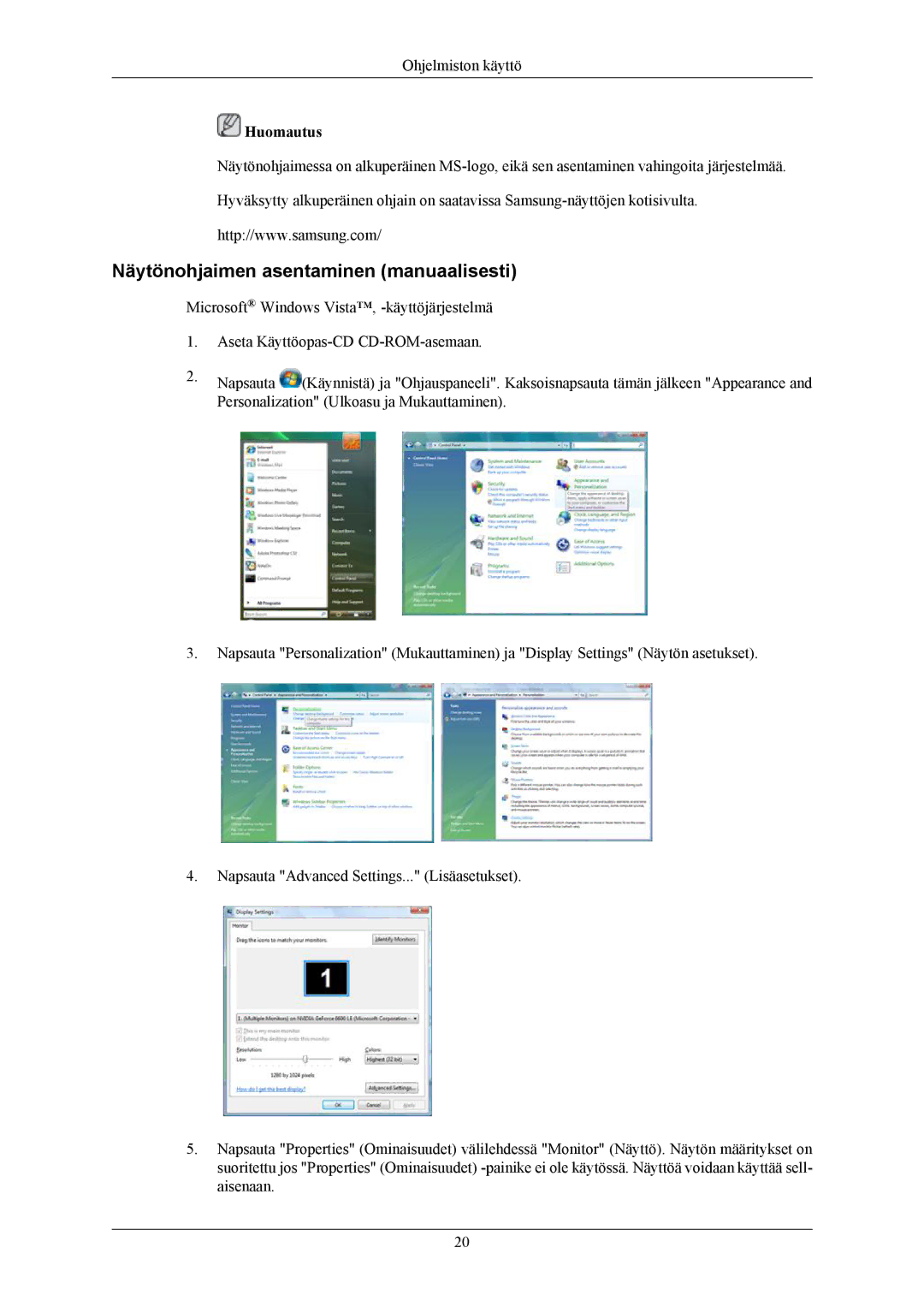 Samsung LS22MYMEBCA/EN, LS22MYMESCA/EN, LS22MYMESQ/EDC, LS20MYMEBQ/EDC manual Näytönohjaimen asentaminen manuaalisesti 