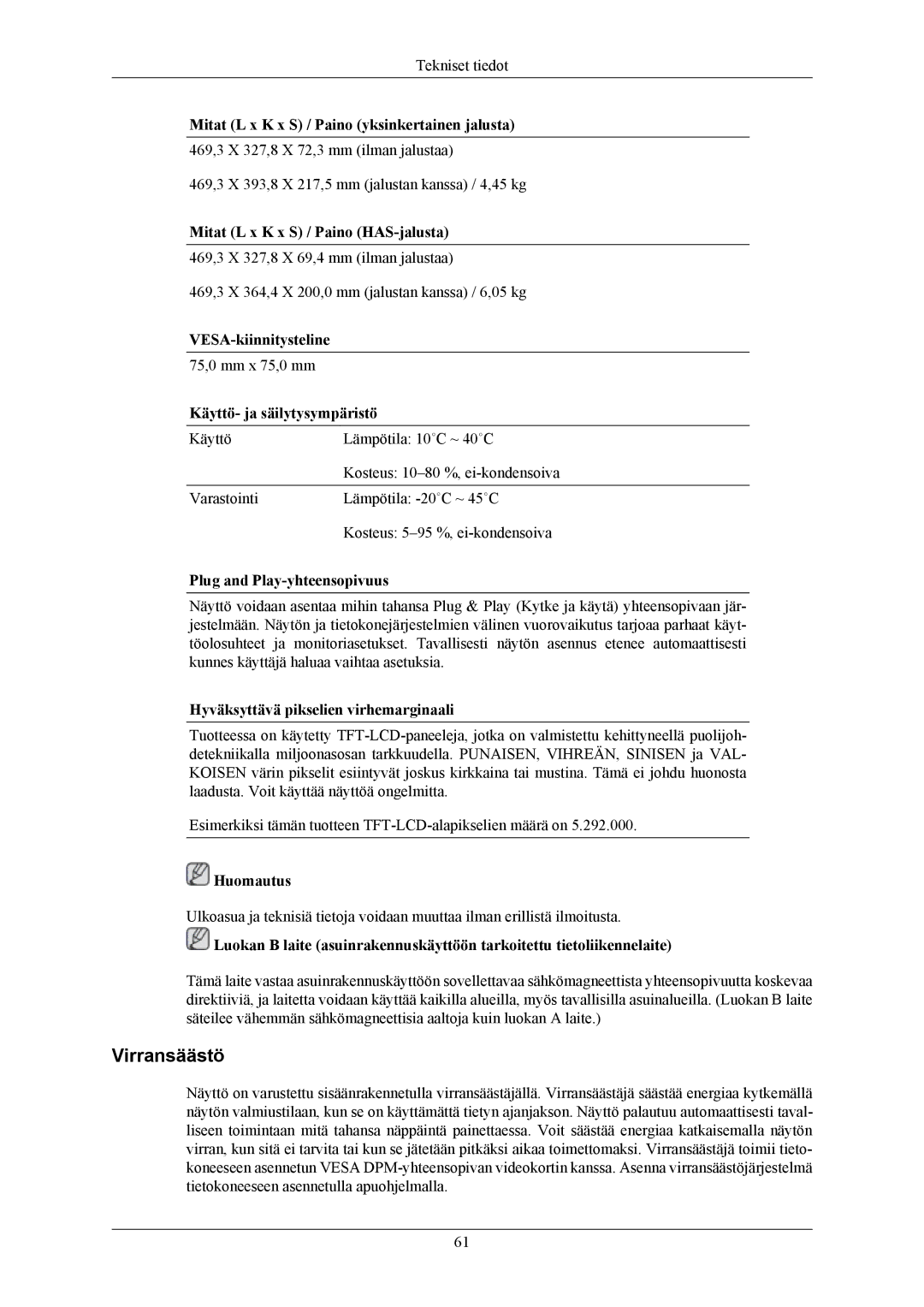 Samsung LS20MYMEBQ/EDC, LS22MYMESCA/EN, LS22MYMESQ/EDC, LS22MYMEBCA/EN, LS20MYMESQ/EDC, LS22MYMEBQ/EDC manual Virransäästö 