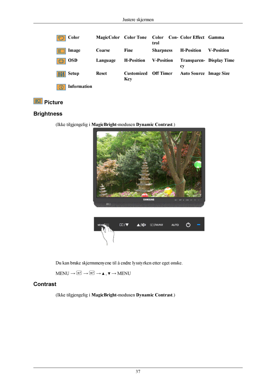 Samsung LS20MYMEBQ/EDC, LS22MYMESCA/EN, LS22MYMESQ/EDC, LS22MYMEBCA/EN, LS20MYMESQ/EDC manual Picture Brightness, Contrast 