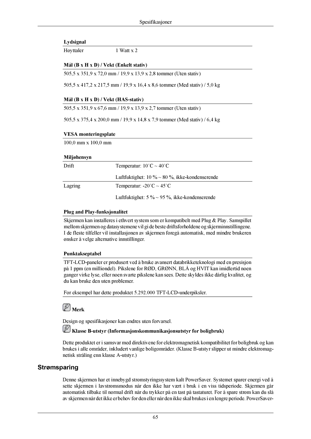 Samsung LS22MYMESCA/EN, LS22MYMESQ/EDC, LS20MYMEBQ/EDC, LS22MYMEBCA/EN, LS20MYMESQ/EDC, LS22MYMEBQ/EDC manual Høyttaler Watt x 